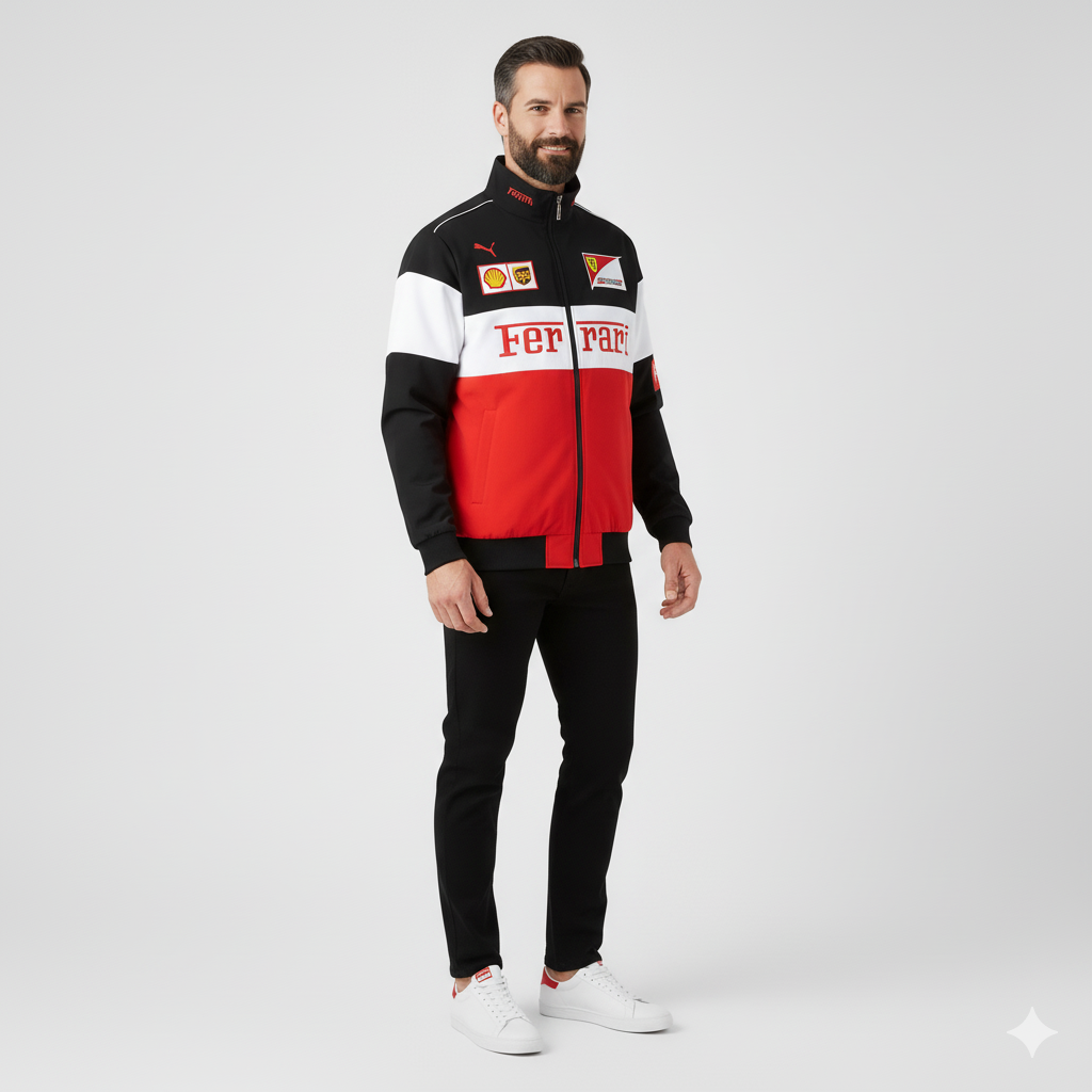 Vintage Unisex Ferrari Racing Jacket - Classic Logo Design, Retro Style