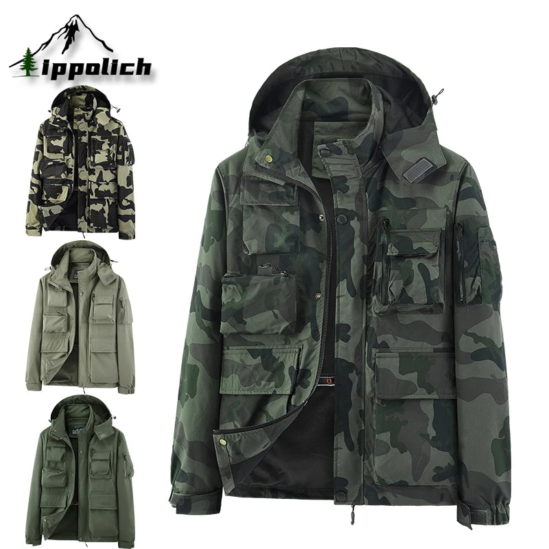 IPPOLICH Detachable Windproof Sleeved Hooded Jacket Outdoor Camouflage Multi-Pocket Military Jackets Spring Autumn Men Work Coat