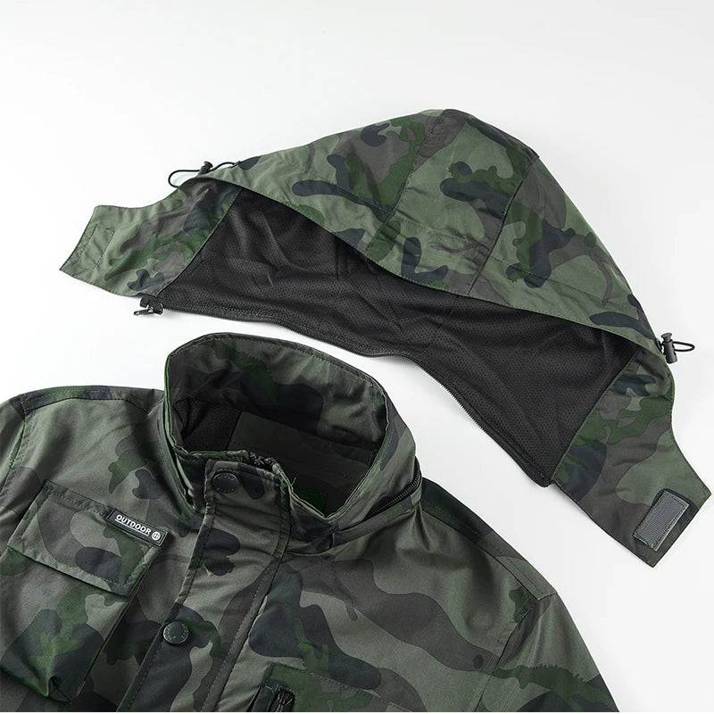 IPPOLICH Detachable Windproof Sleeved Hooded Jacket Outdoor Camouflage Multi-Pocket Military Jackets Spring Autumn Men Work Coat