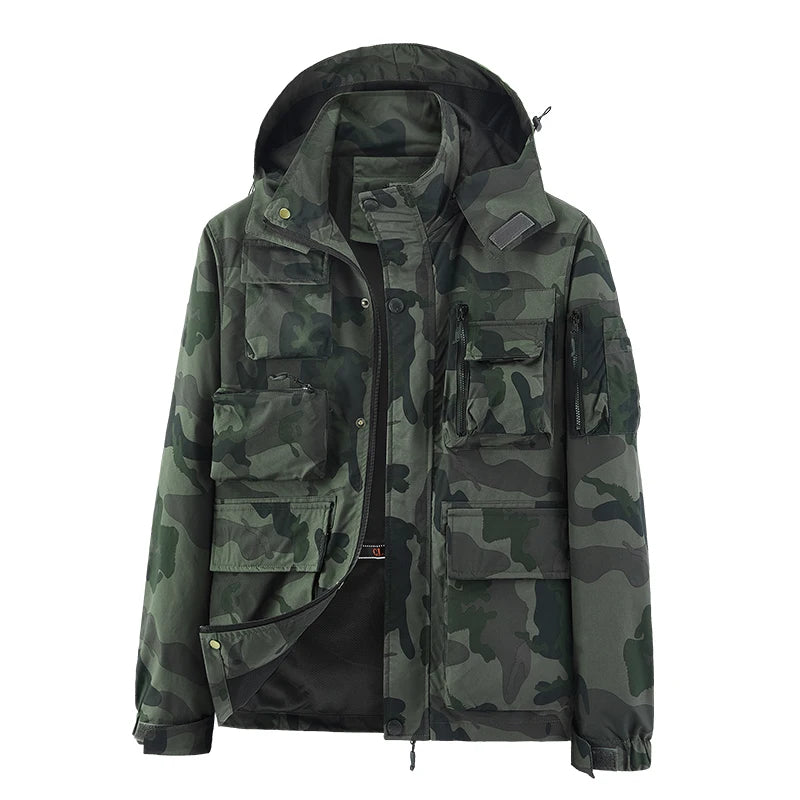 IPPOLICH Detachable Windproof Sleeved Hooded Jacket Outdoor Camouflage Multi-Pocket Military Jackets Spring Autumn Men Work Coat