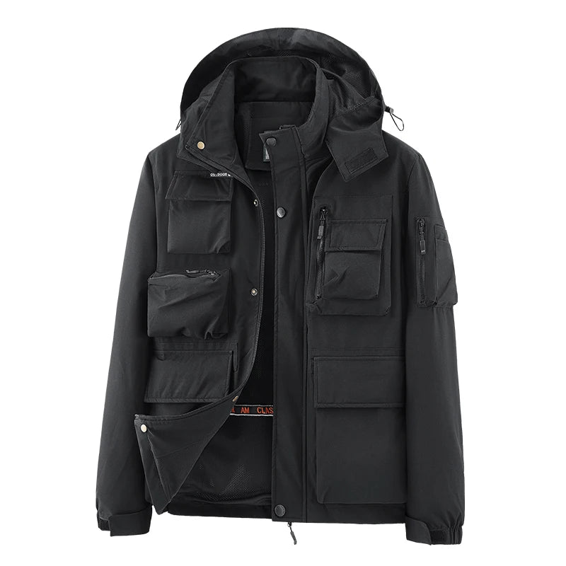 IPPOLICH Detachable Windproof Sleeved Hooded Jacket Outdoor Camouflage Multi-Pocket Military Jackets Spring Autumn Men Work Coat