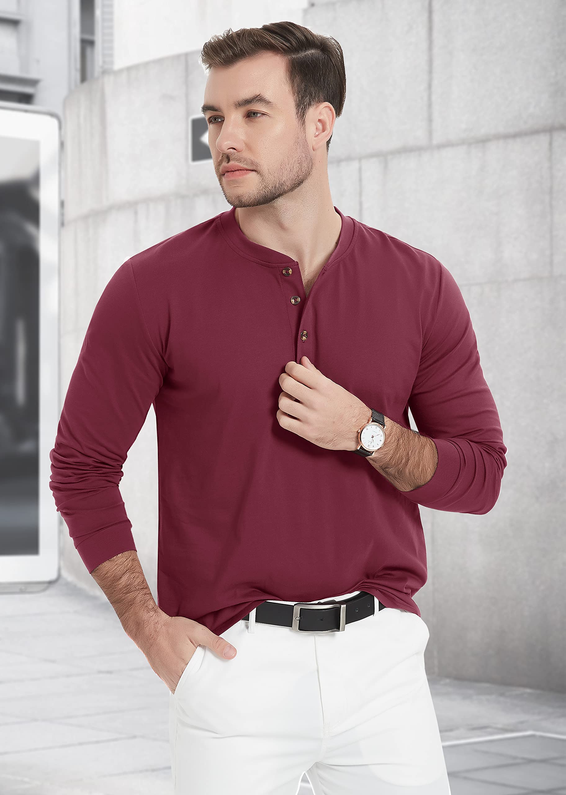 Men's Cotton Long Sleeve Henley Shirt, Casual Work Tee
