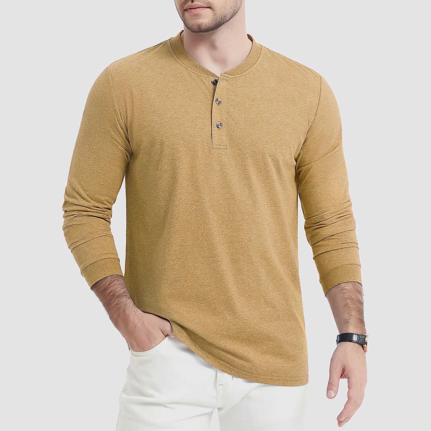 Men's Cotton Long Sleeve Henley Shirt, Casual Work Tee