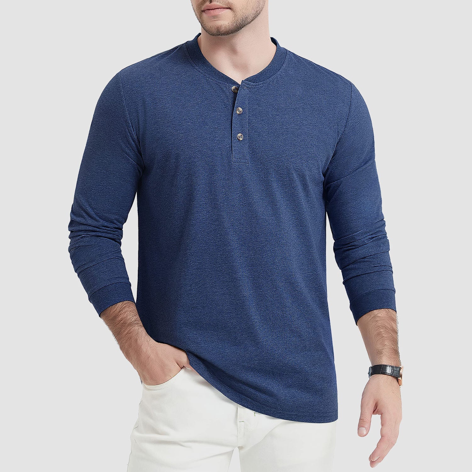 Men's Cotton Long Sleeve Henley Shirt, Casual Work Tee
