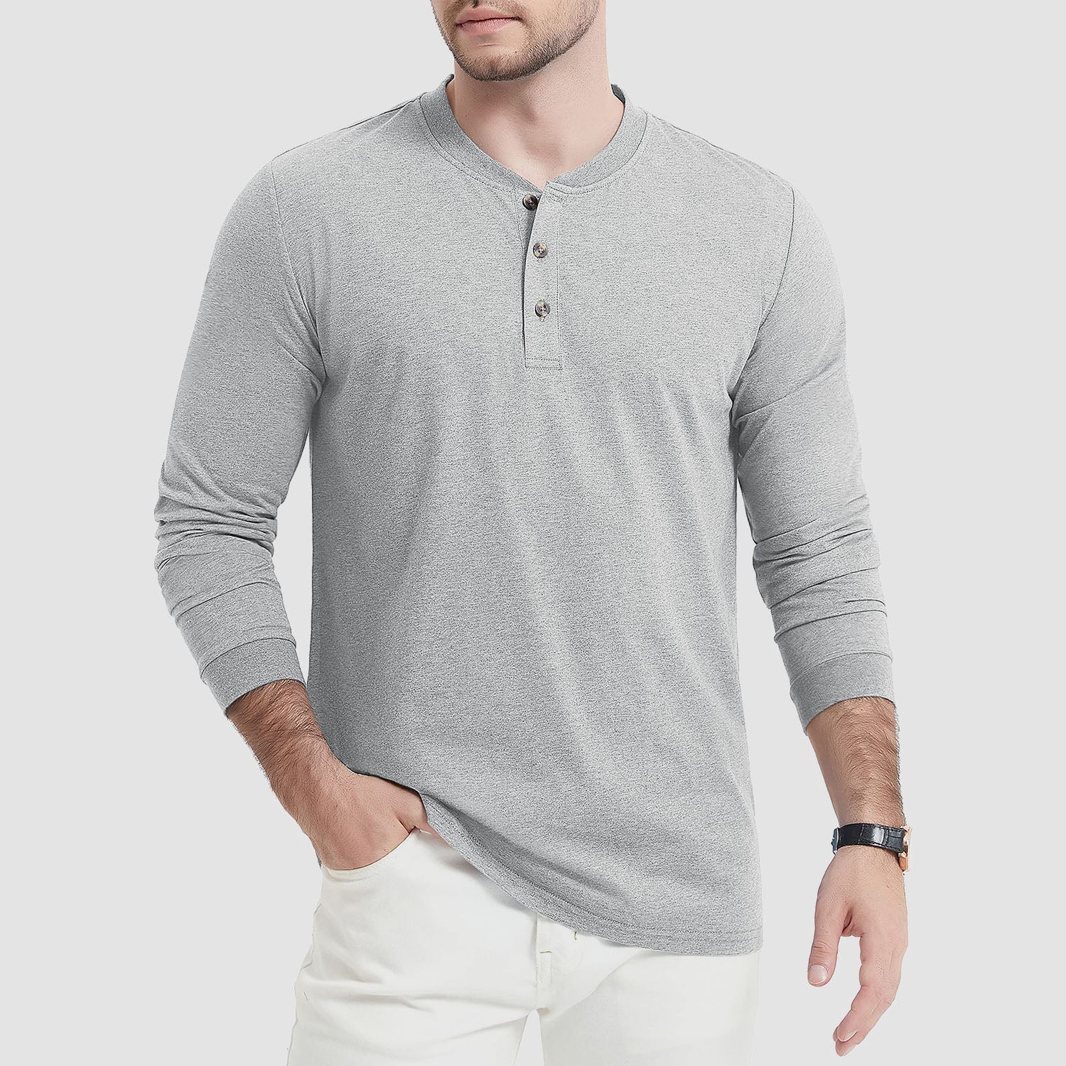 Men's Cotton Long Sleeve Henley Shirt, Casual Work Tee