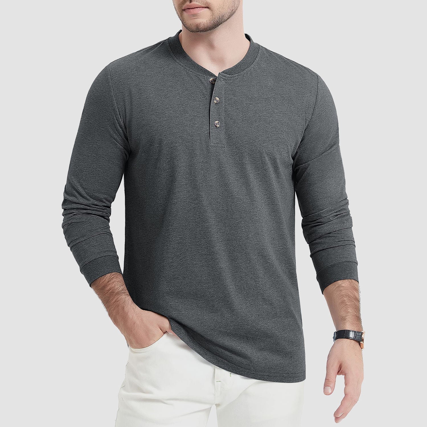 Men's Cotton Long Sleeve Henley Shirt, Casual Work Tee