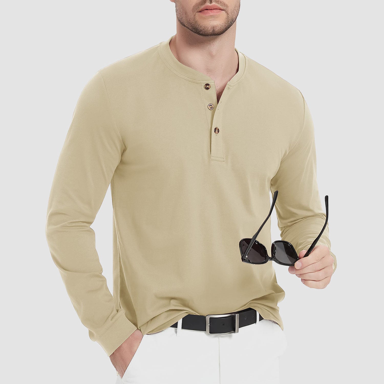 Men's Cotton Long Sleeve Henley Shirt, Casual Work Tee