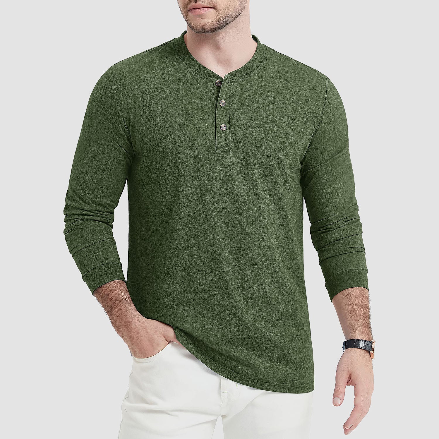 Men's Cotton Long Sleeve Henley Shirt, Casual Work Tee