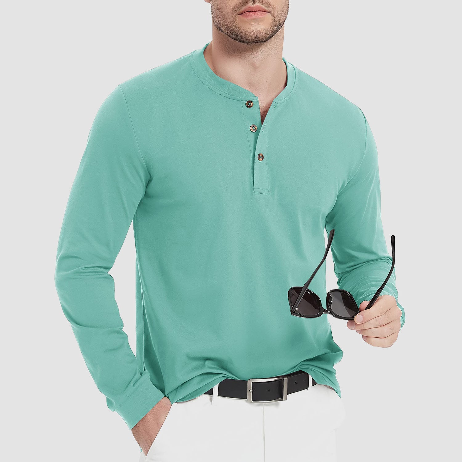 Men's Cotton Long Sleeve Henley Shirt, Casual Work Tee