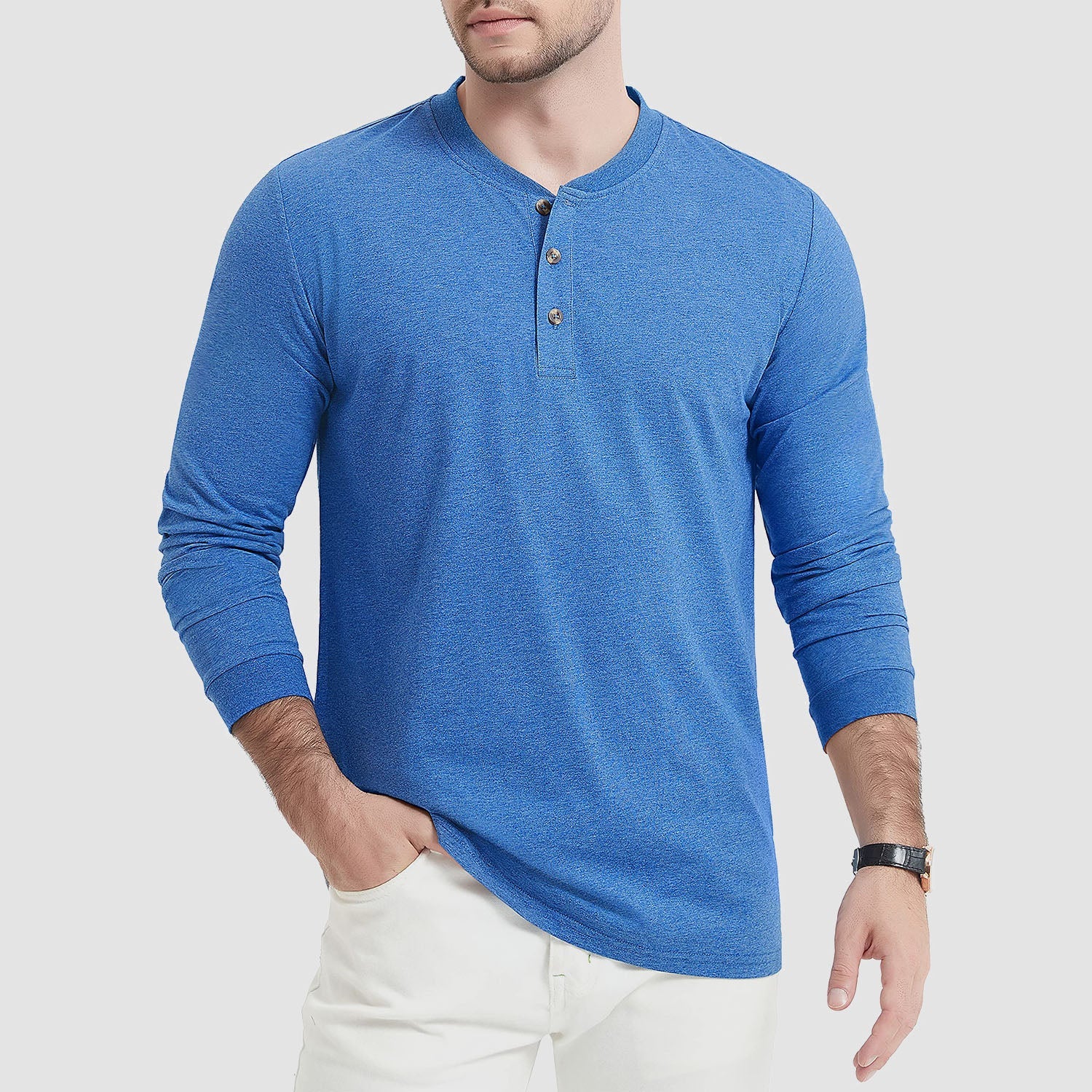 Men's Cotton Long Sleeve Henley Shirt, Casual Work Tee