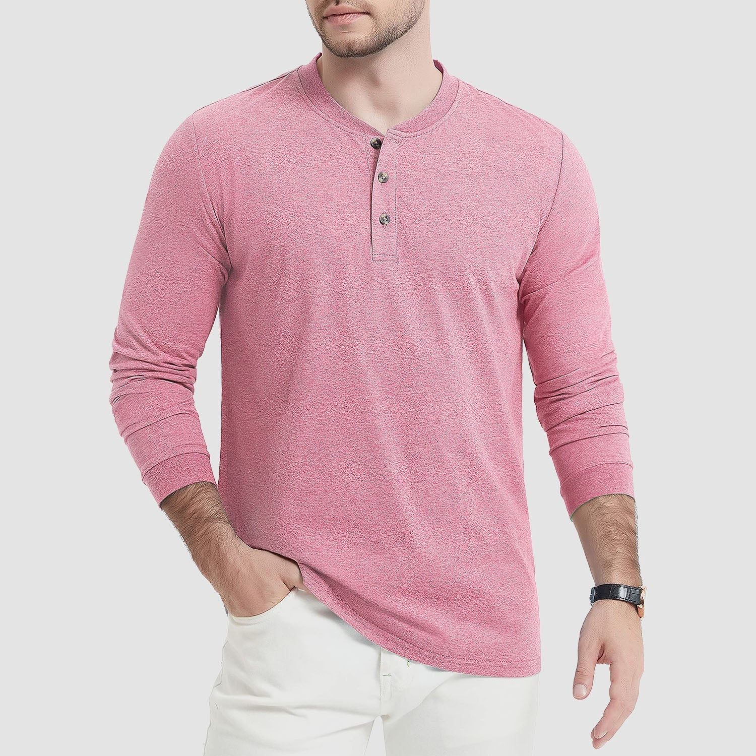 Men's Cotton Long Sleeve Henley Shirt, Casual Work Tee