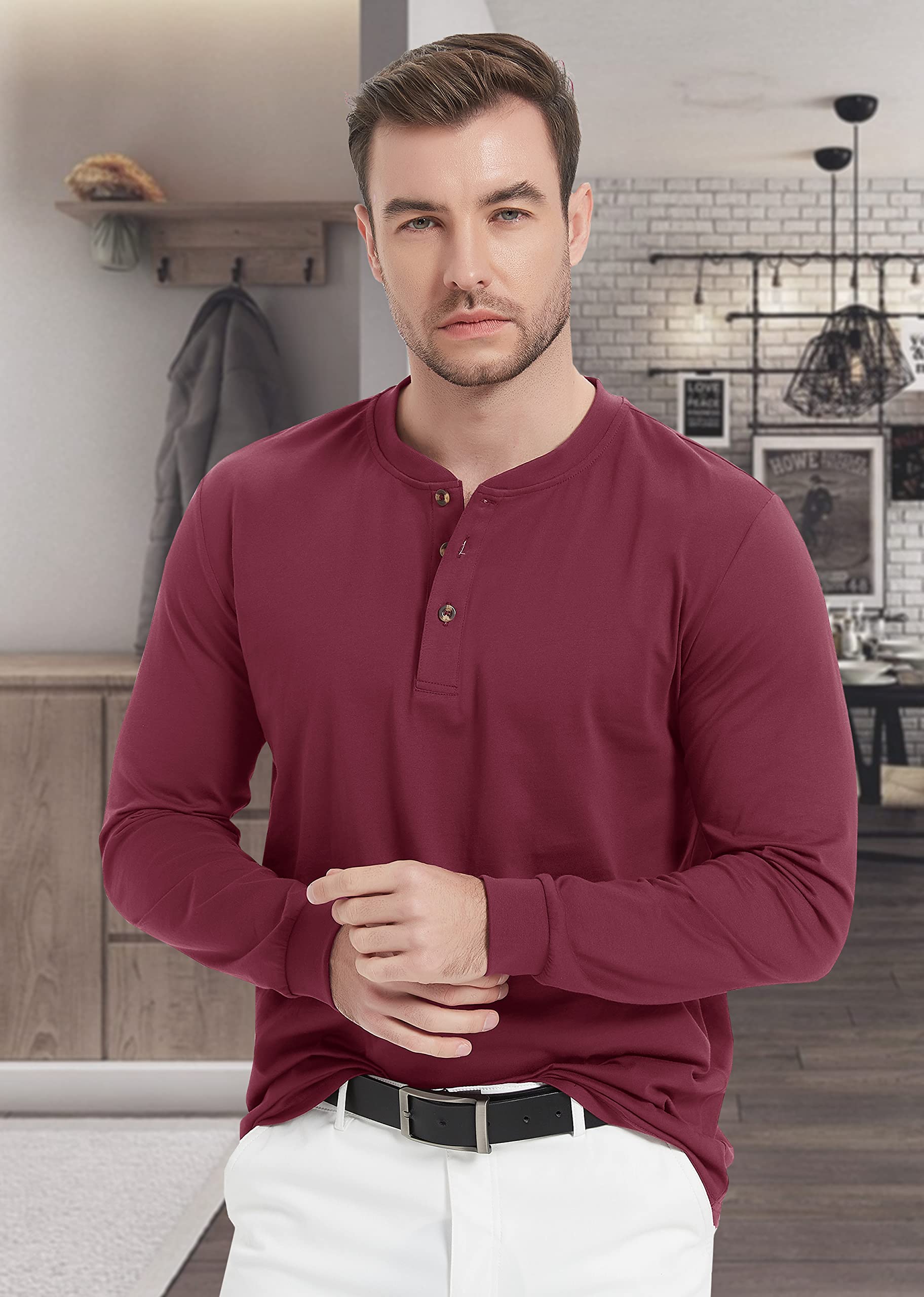 Men's Cotton Long Sleeve Henley Shirt, Casual Work Tee