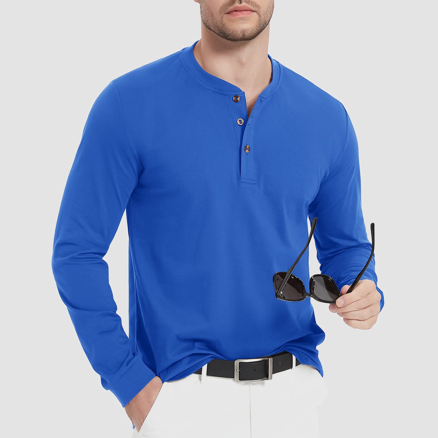 Men's Cotton Long Sleeve Henley Shirt, Casual Work Tee