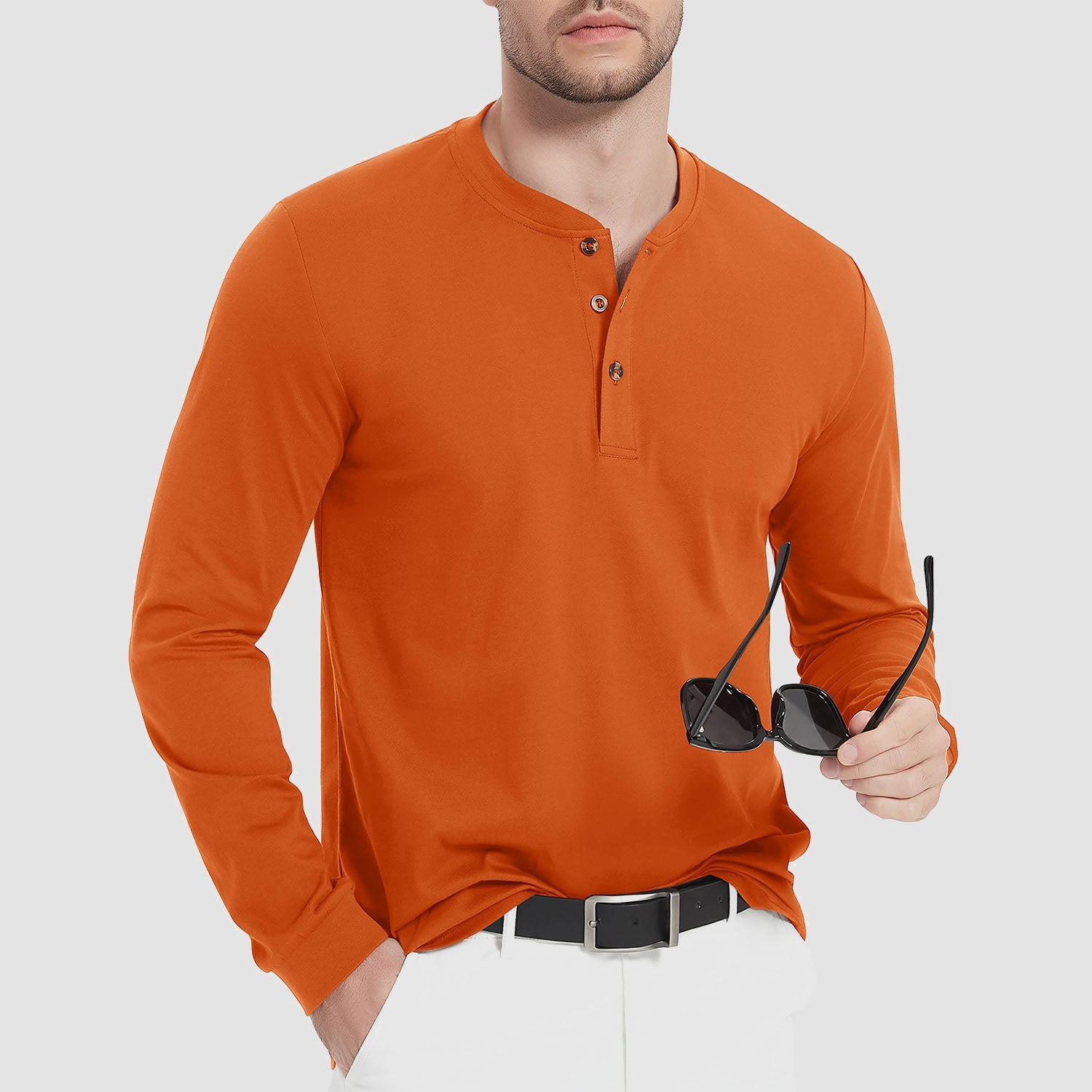 Men's Cotton Long Sleeve Henley Shirt, Casual Work Tee