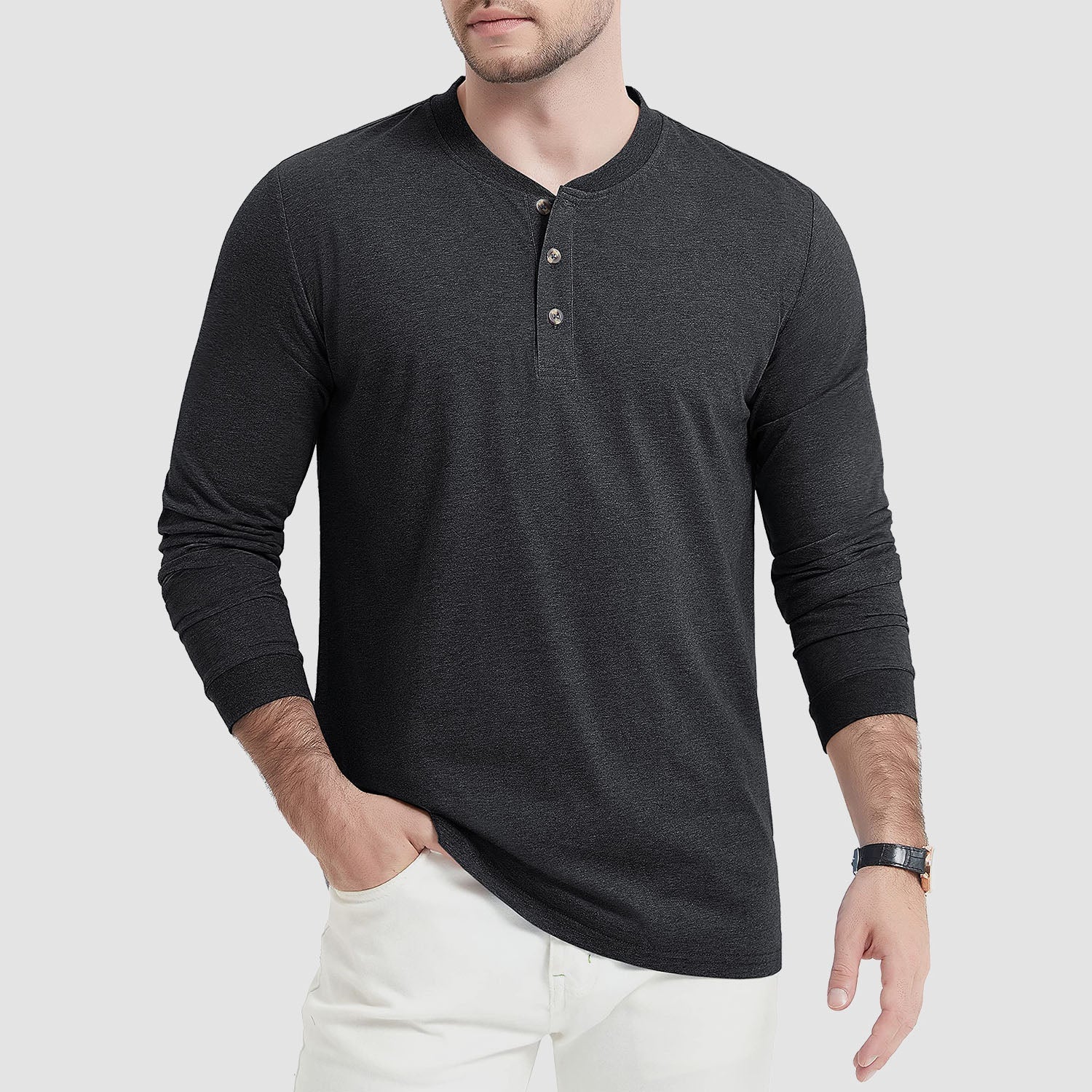 Men's Cotton Long Sleeve Henley Shirt, Casual Work Tee