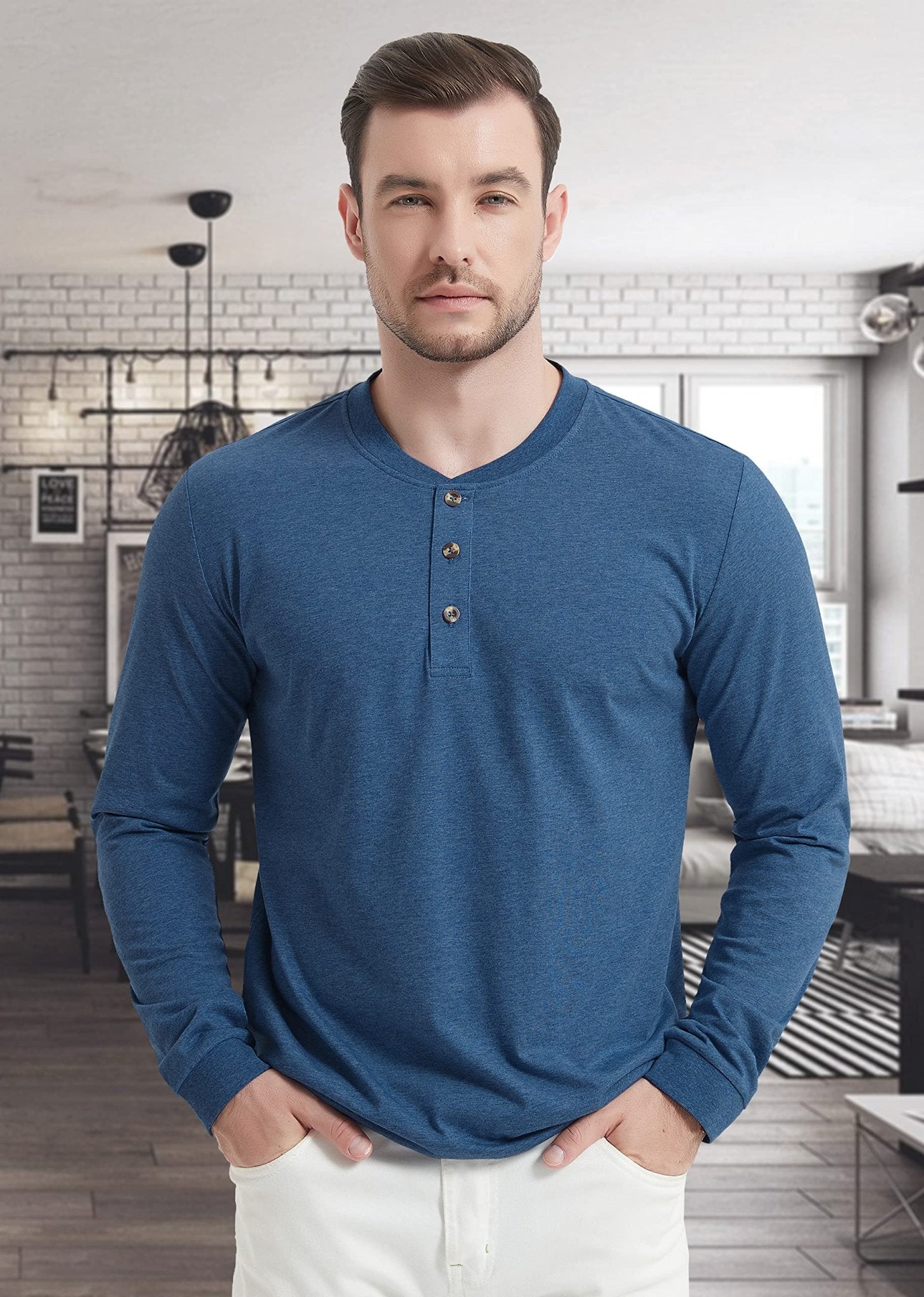 Men's Cotton Long Sleeve Henley Shirt, Casual Work Tee