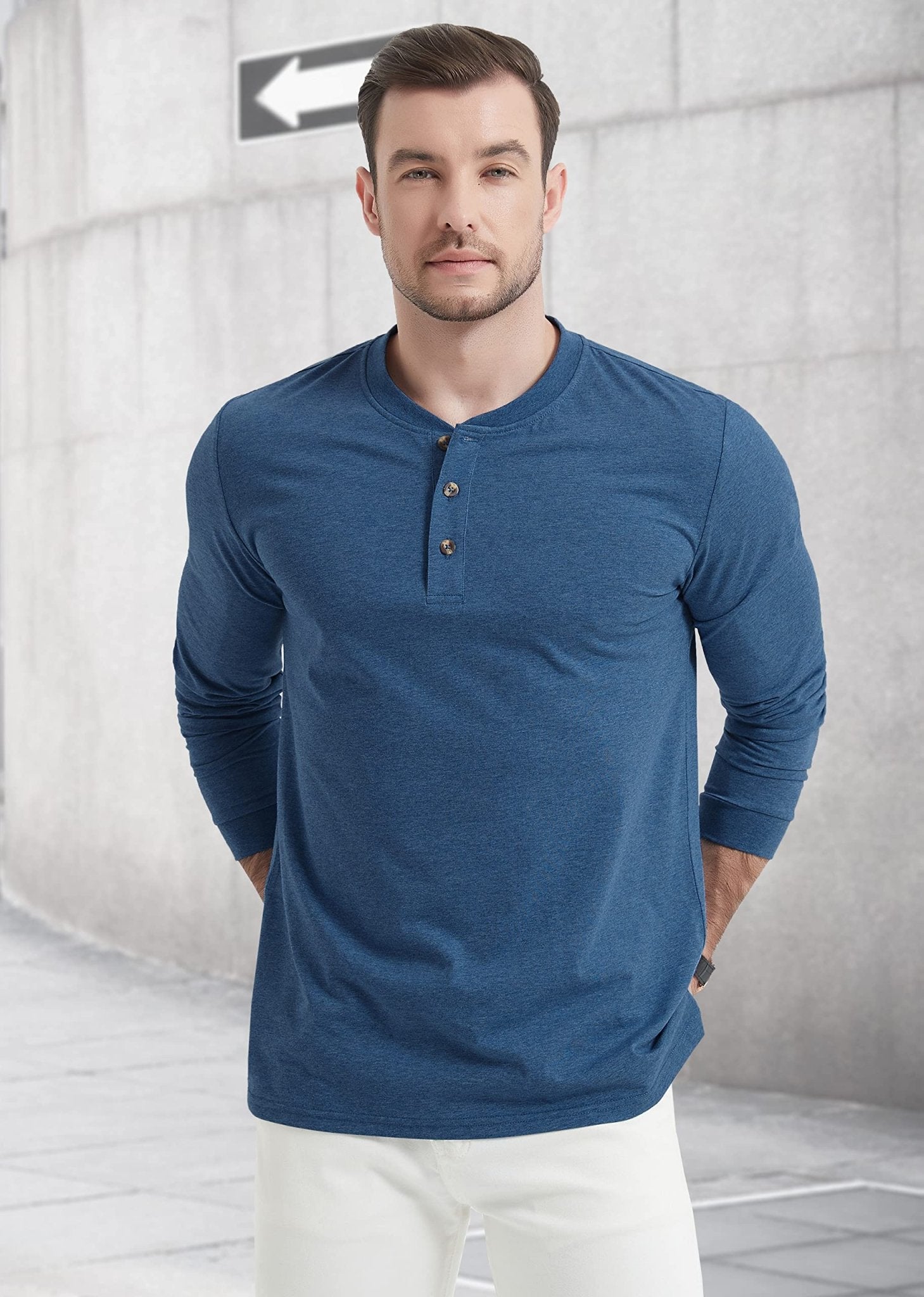 Men's Cotton Long Sleeve Henley Shirt, Casual Work Tee