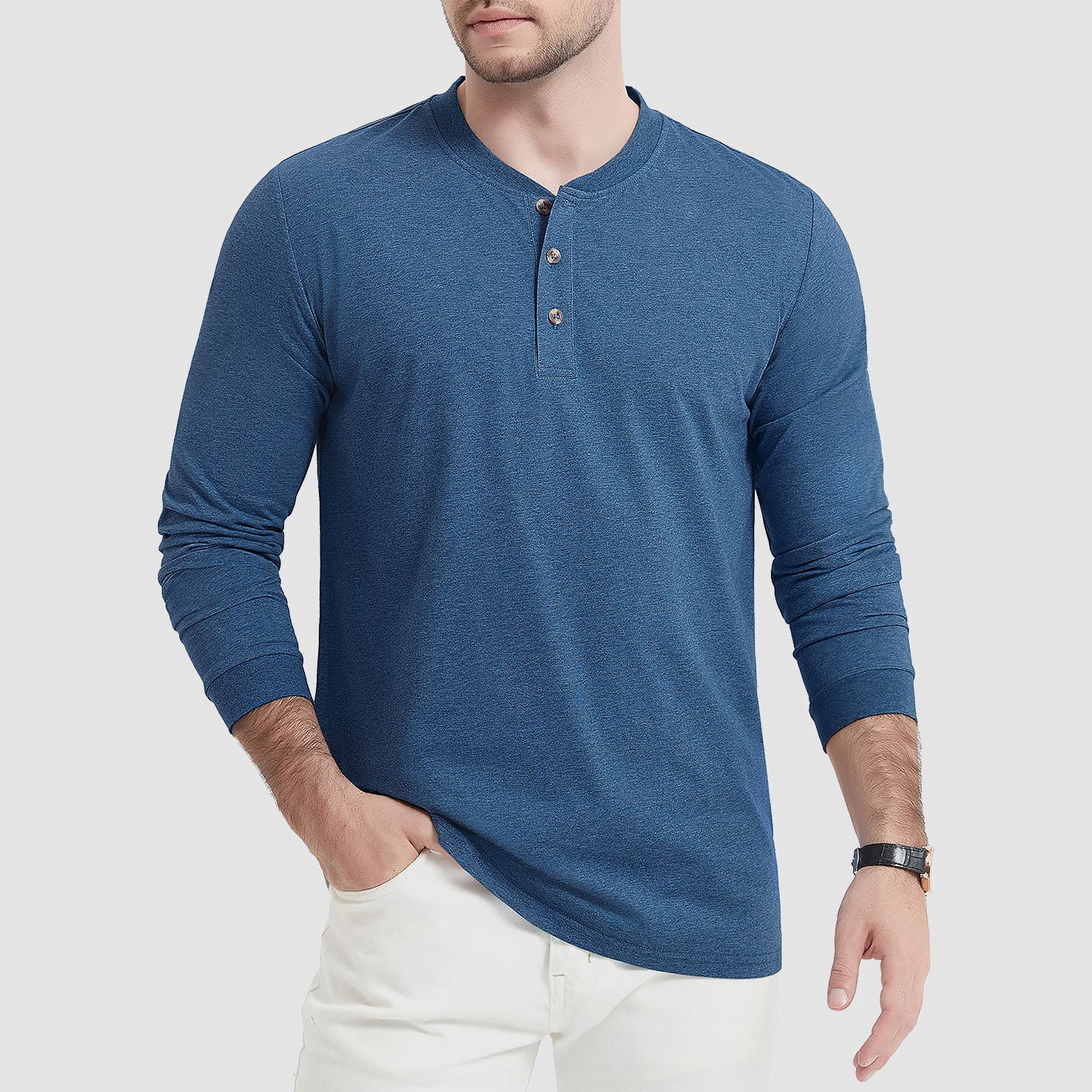 Men's Cotton Long Sleeve Henley Shirt, Casual Work Tee