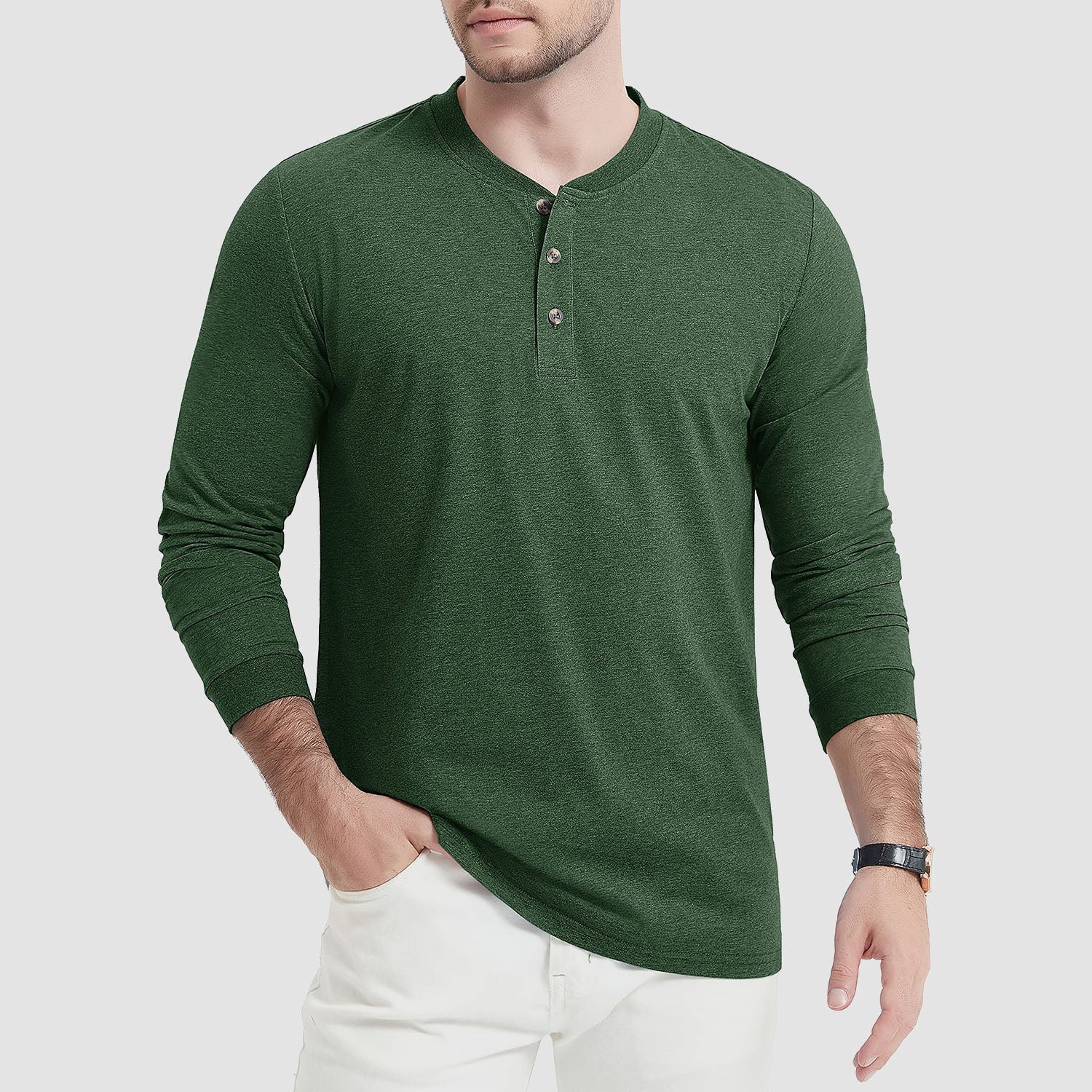 Men's Cotton Long Sleeve Henley Shirt, Casual Work Tee