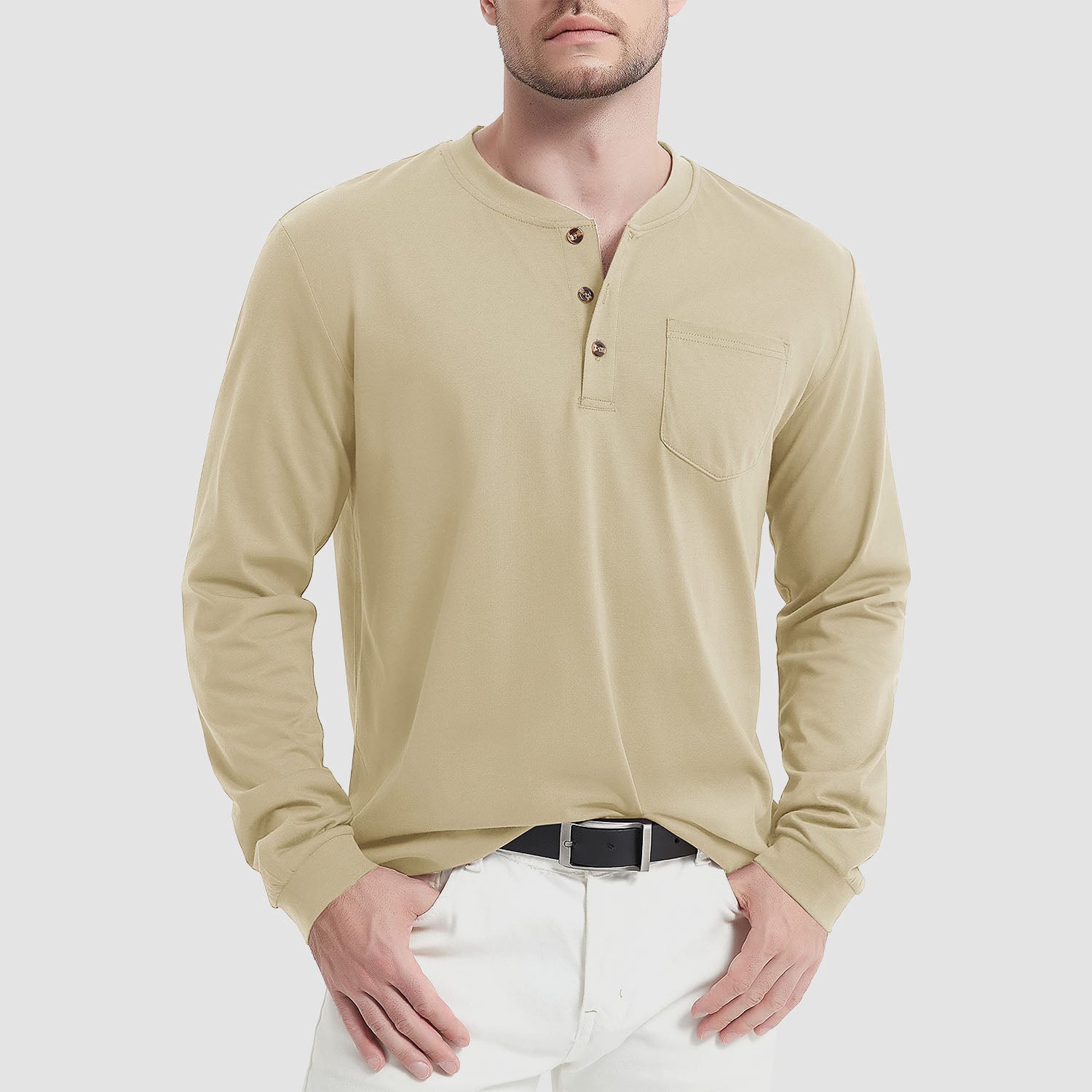 Men's Henley Shirt Cotton Long Sleeve Shirts