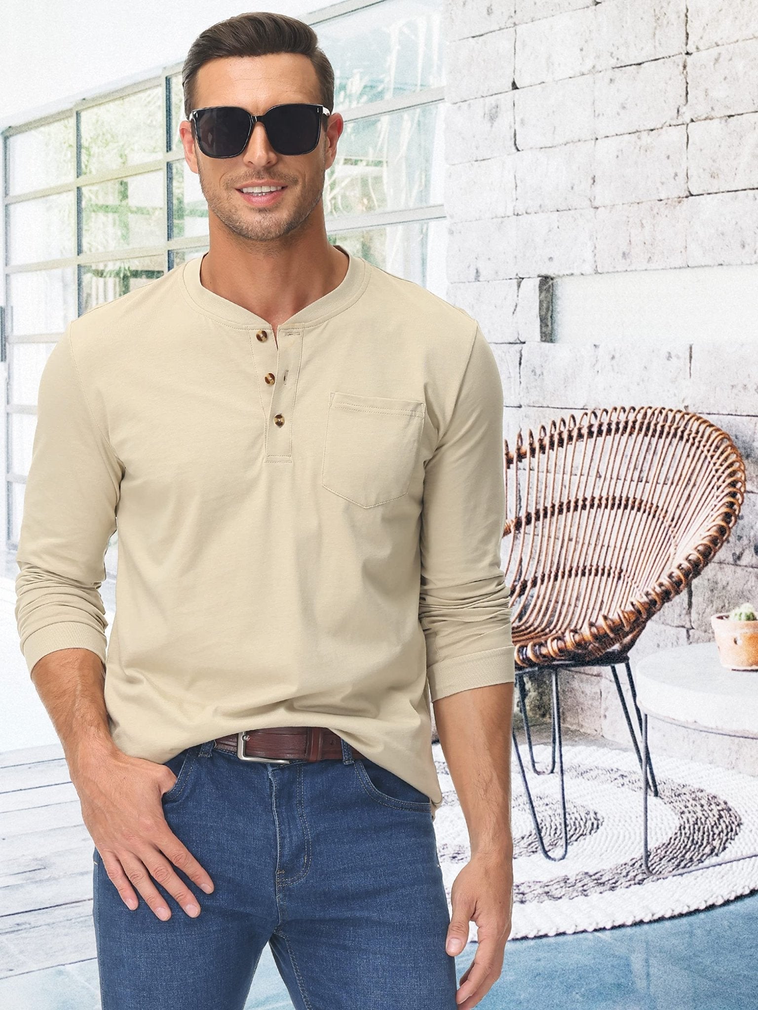 Men's Henley Shirt Cotton Long Sleeve Shirts