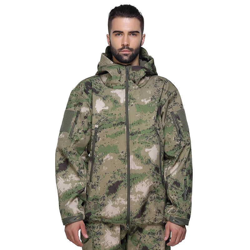 Men's Soft Shell Camouflage Tactical Jacket Men Waterproof Fleece Lined Coat Hooded Outdoor Hiking Hunting Clothes