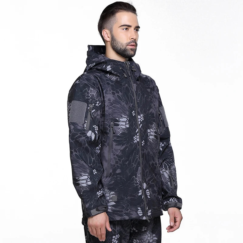 Men's Soft Shell Camouflage Tactical Jacket Men Waterproof Fleece Lined Coat Hooded Outdoor Hiking Hunting Clothes