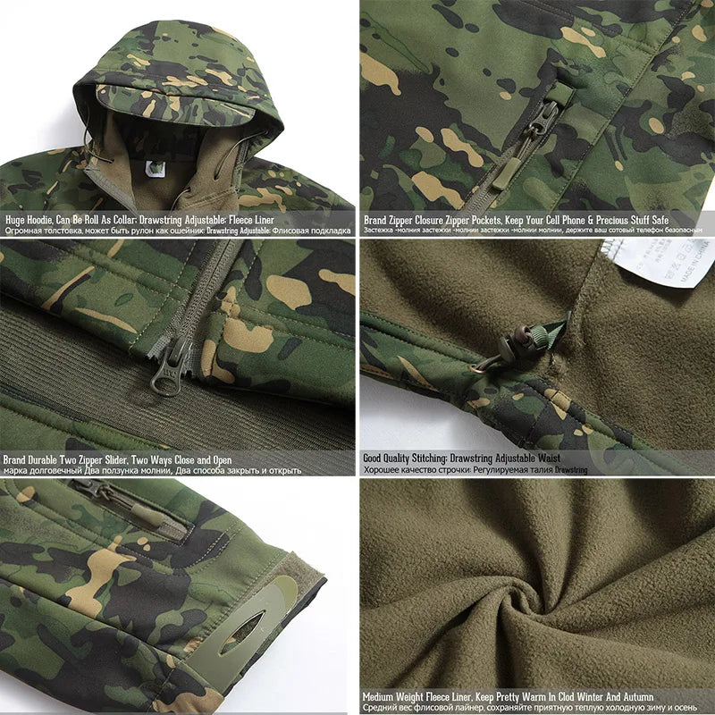 Men's Soft Shell Camouflage Tactical Jacket Men Waterproof Fleece Lined Coat Hooded Outdoor Hiking Hunting Clothes