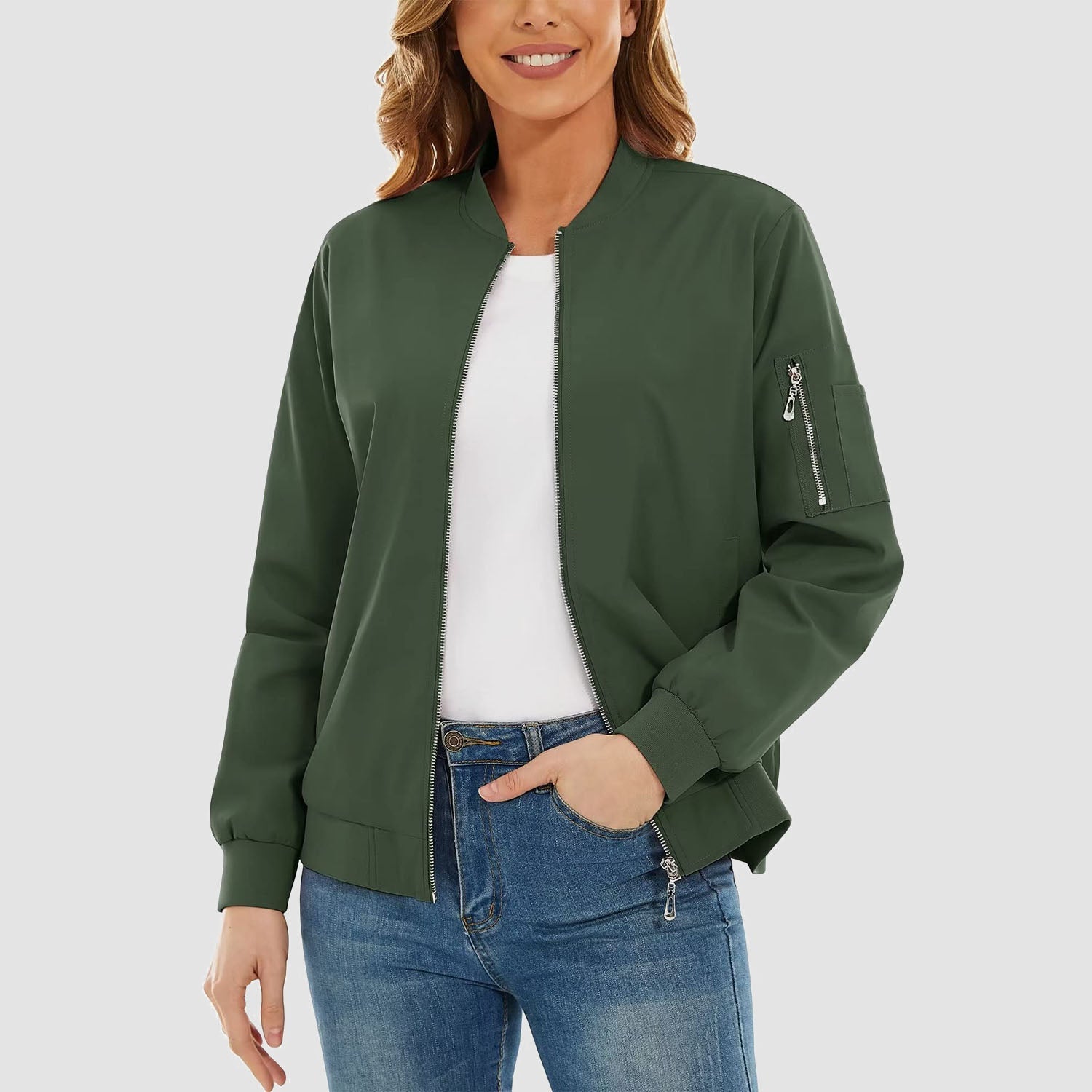 Women's Bomber Jacket with 3 Pockets Spring Windbreaker