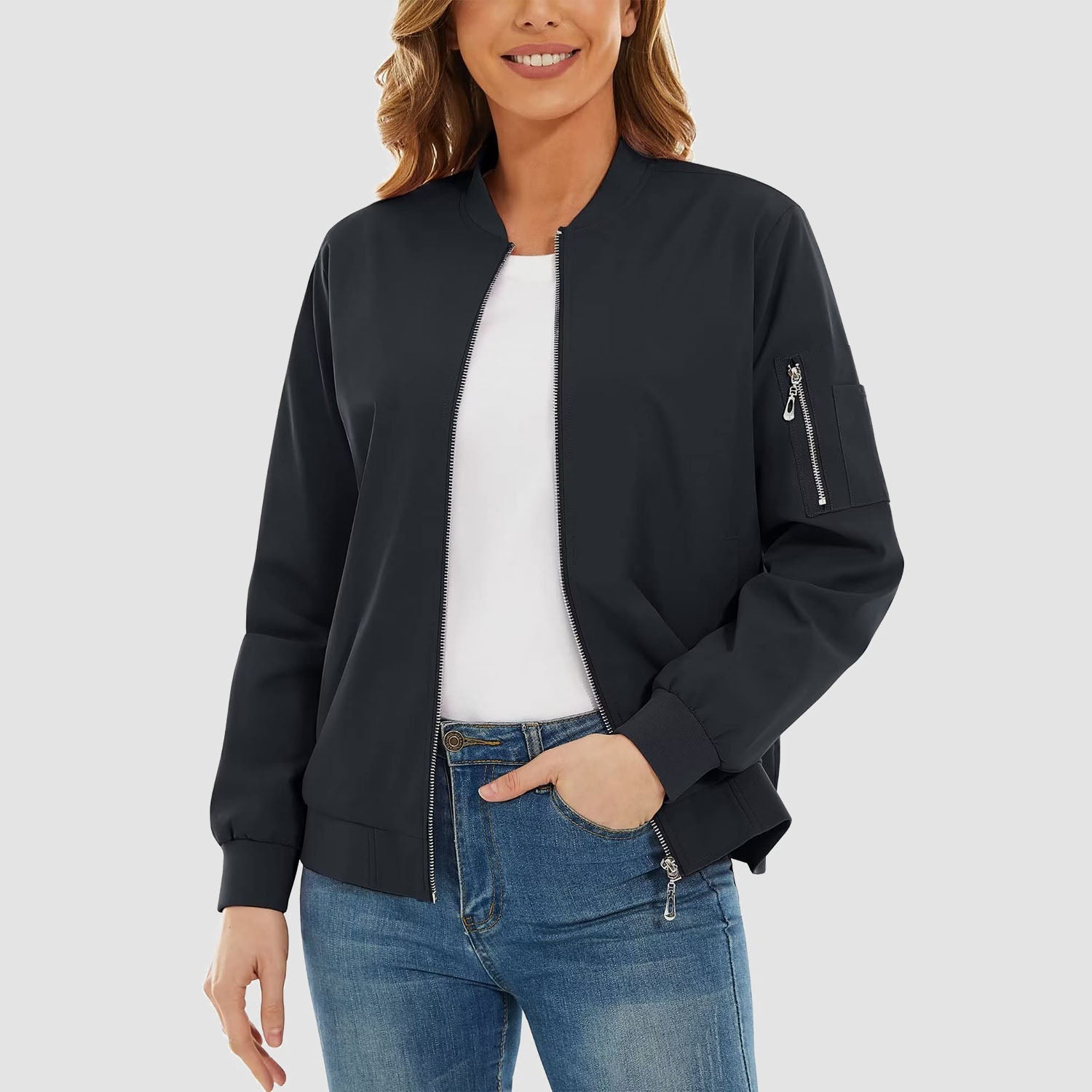 Women's Bomber Jacket with 3 Pockets Spring Windbreaker