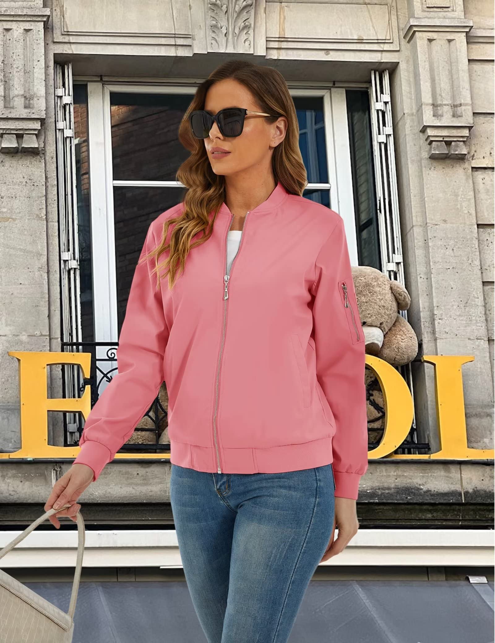 Women's Bomber Jacket with 3 Pockets Spring Windbreaker