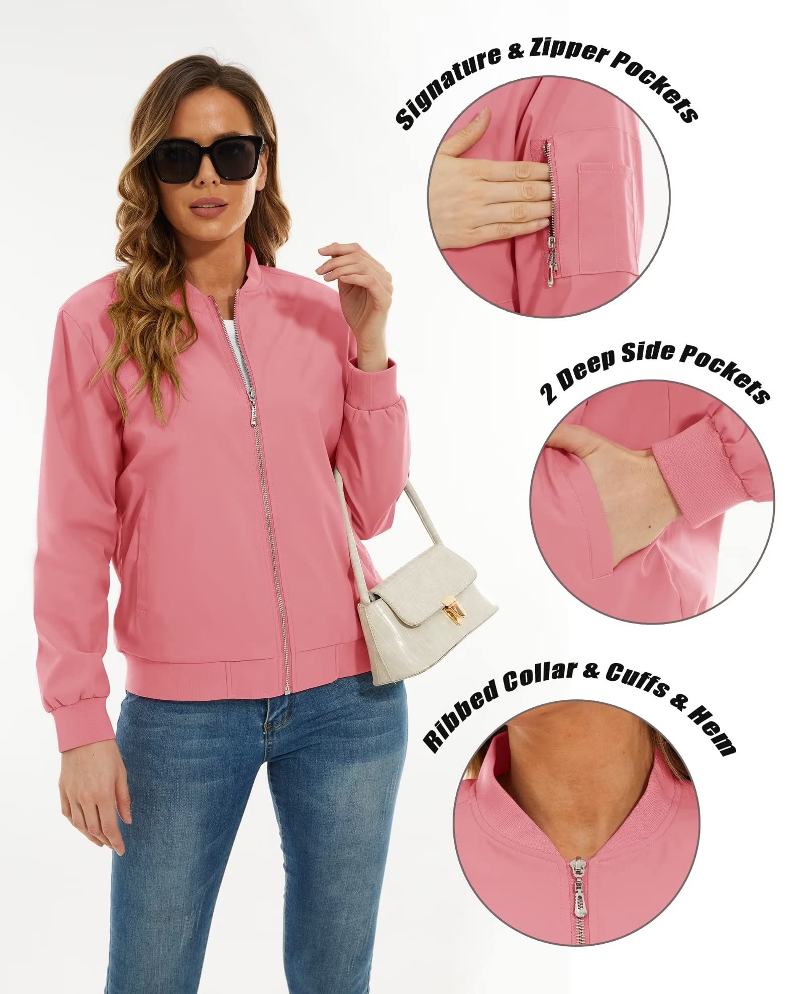 Women's Bomber Jacket with 3 Pockets Spring Windbreaker