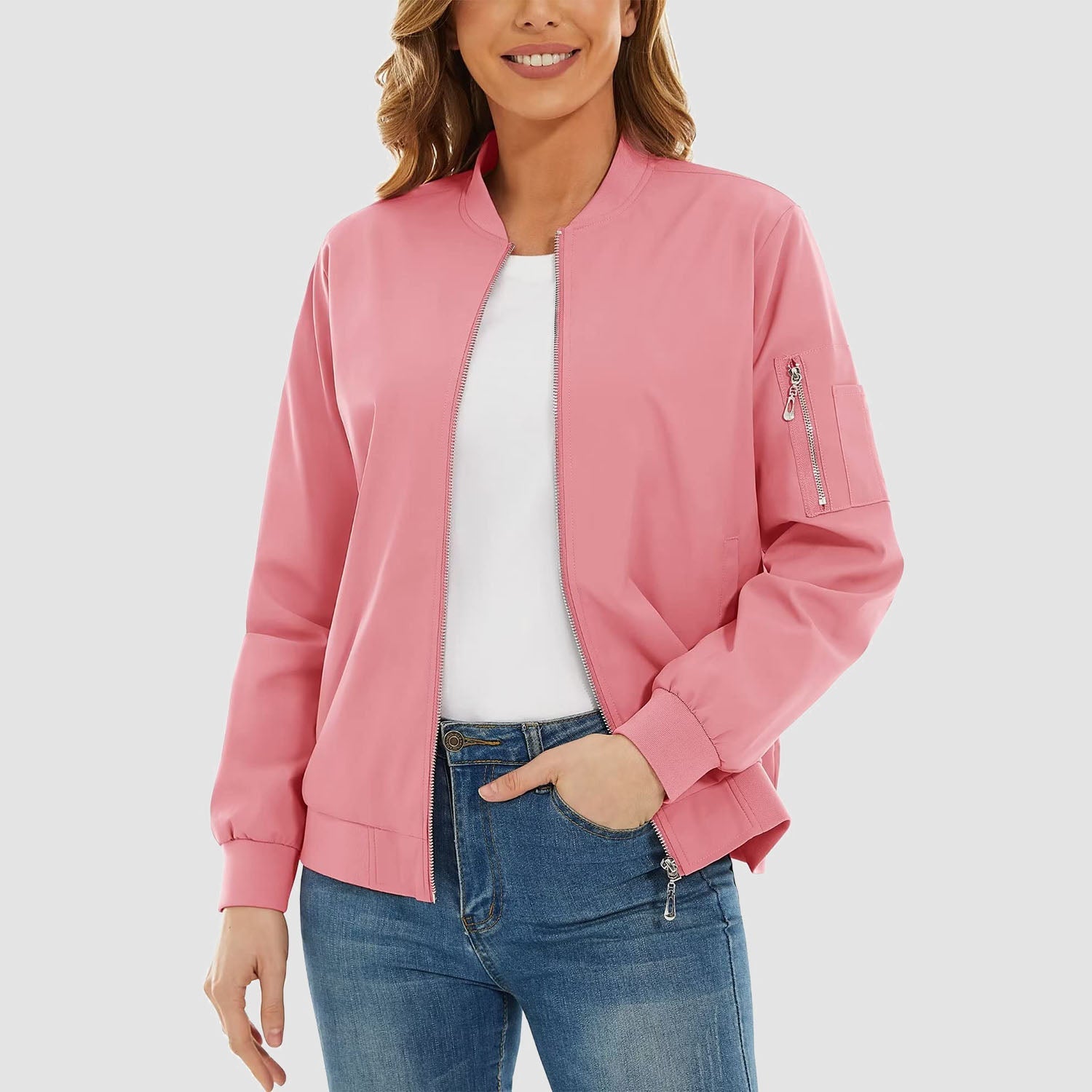 Women's Bomber Jacket with 3 Pockets Spring Windbreaker
