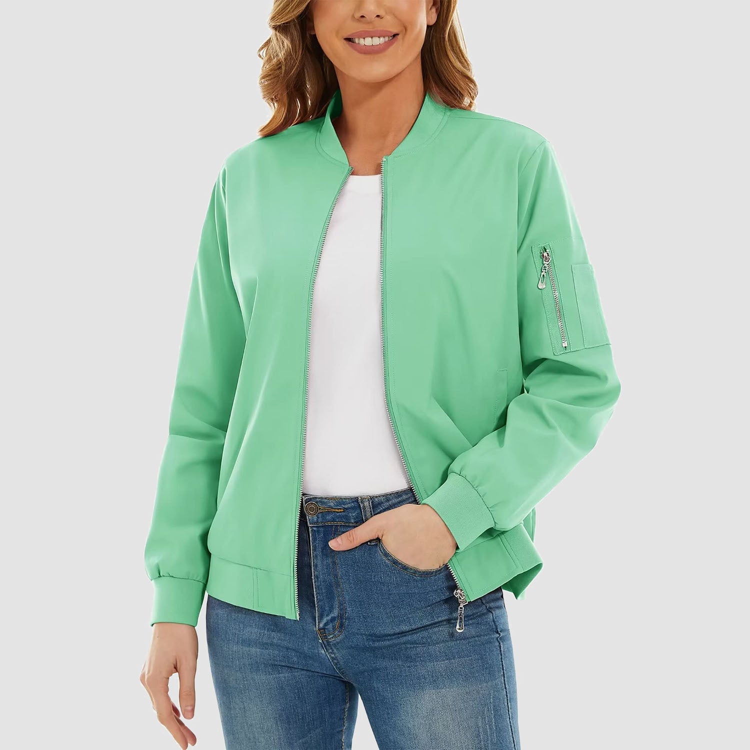 Women's Bomber Jacket with 3 Pockets Spring Windbreaker