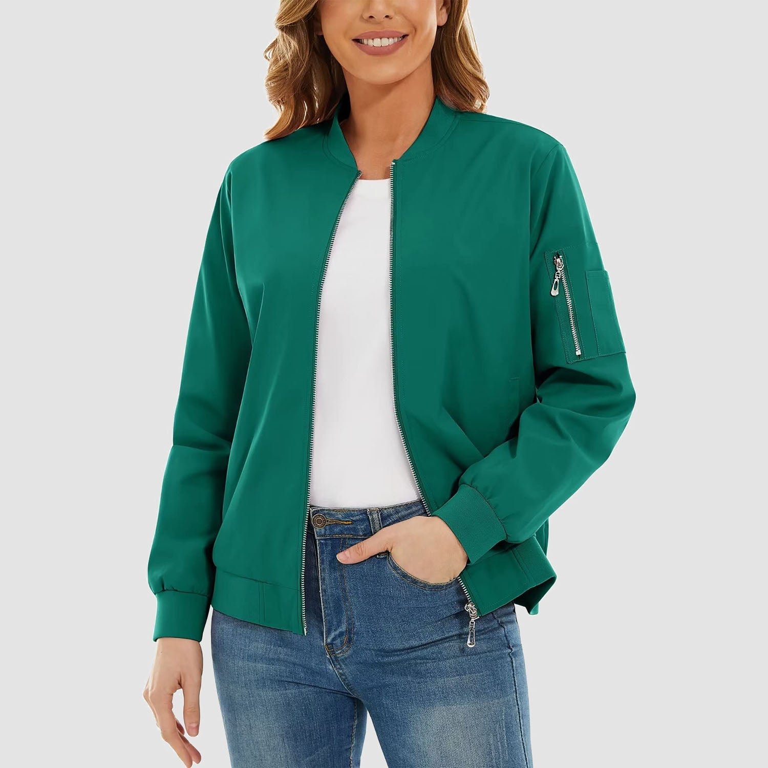 Women's Bomber Jacket with 3 Pockets Spring Windbreaker
