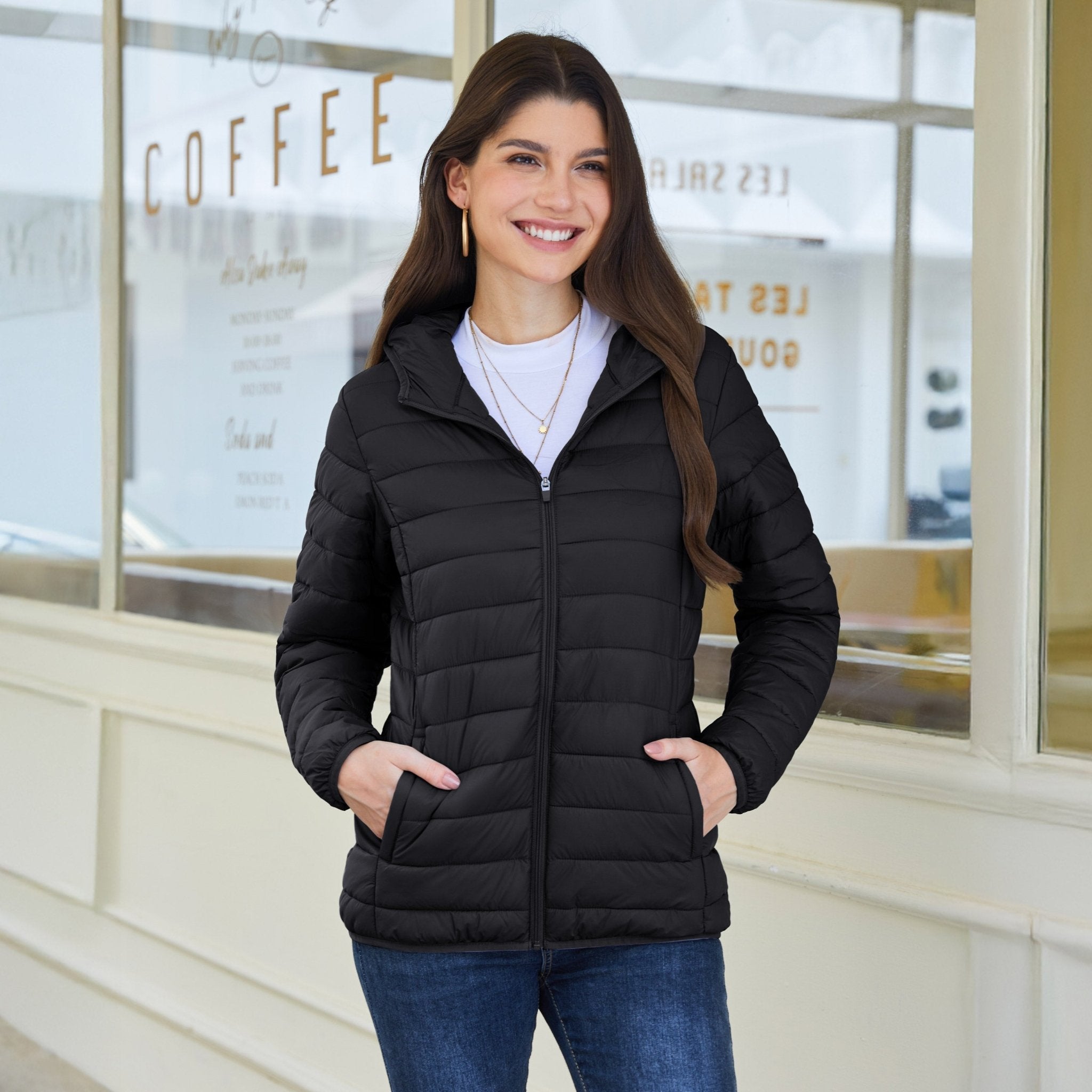 Women's Hooded Lightweight Puffer Jacket Full Zip Winter Coat