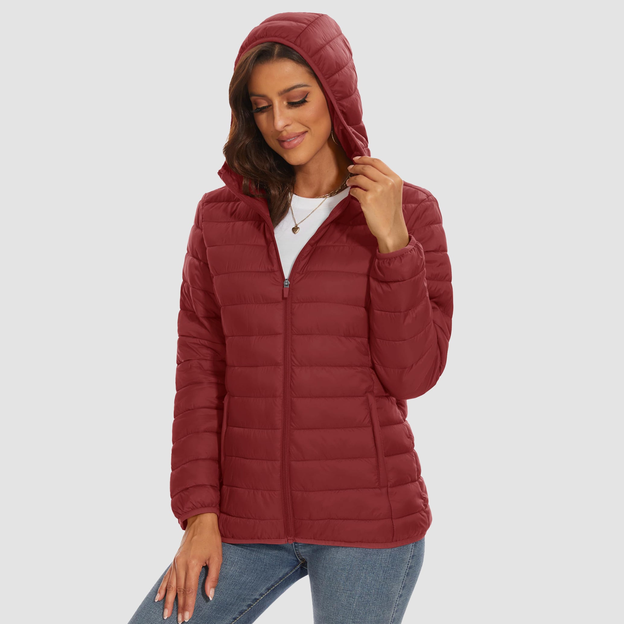 Women's Hooded Lightweight Puffer Jacket Full Zip Winter Coat