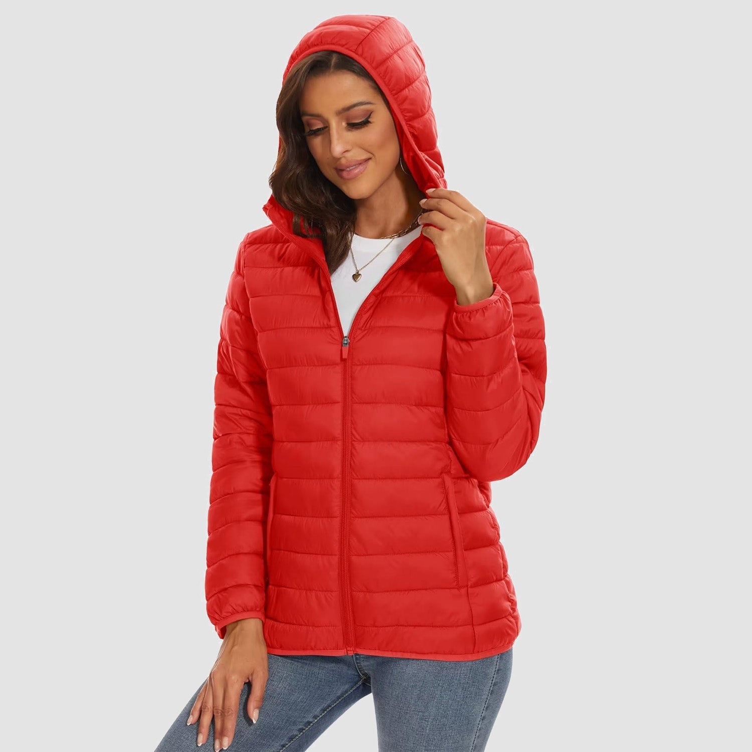 Women's Hooded Lightweight Puffer Jacket Full Zip Winter Coat