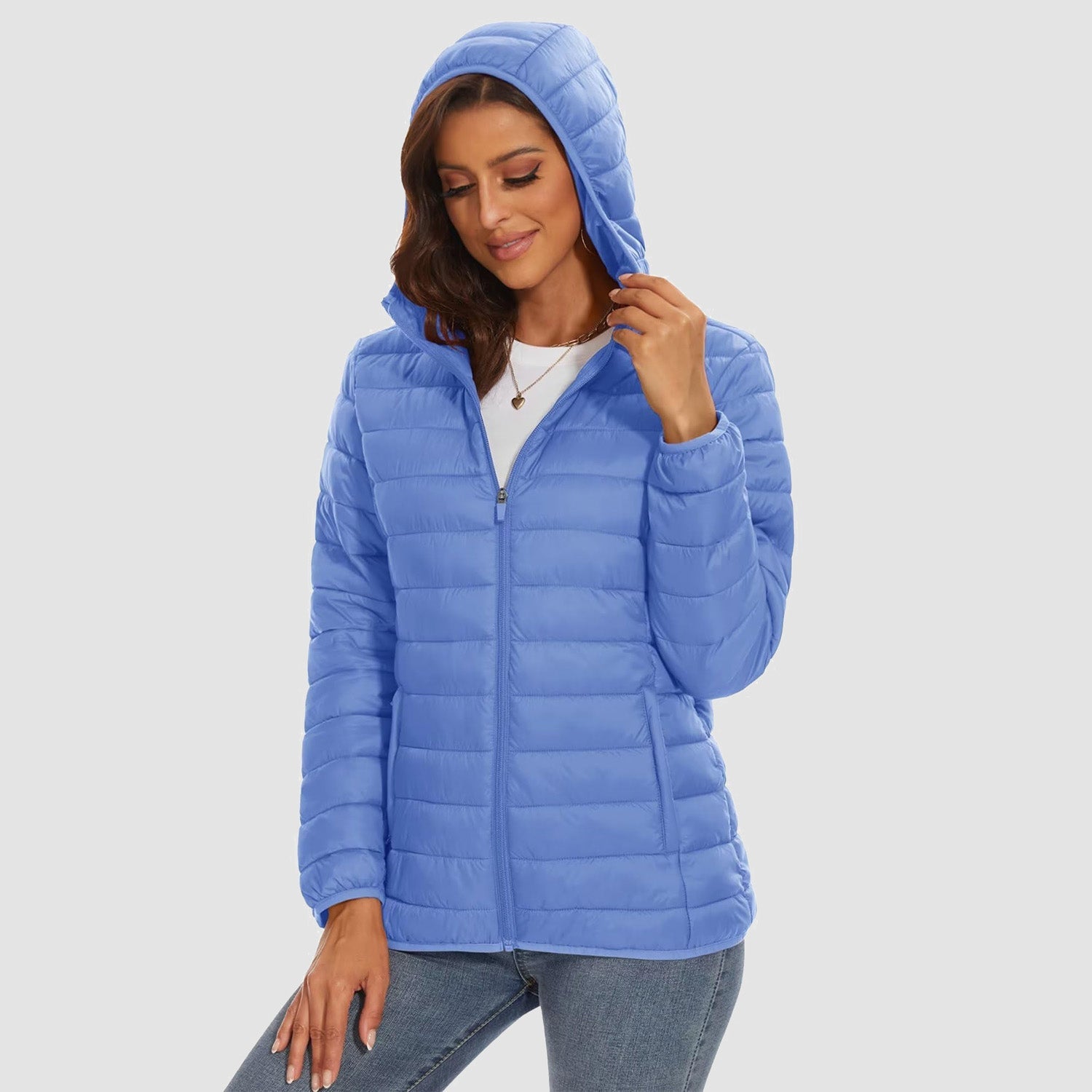 Women's Hooded Lightweight Puffer Jacket Full Zip Winter Coat