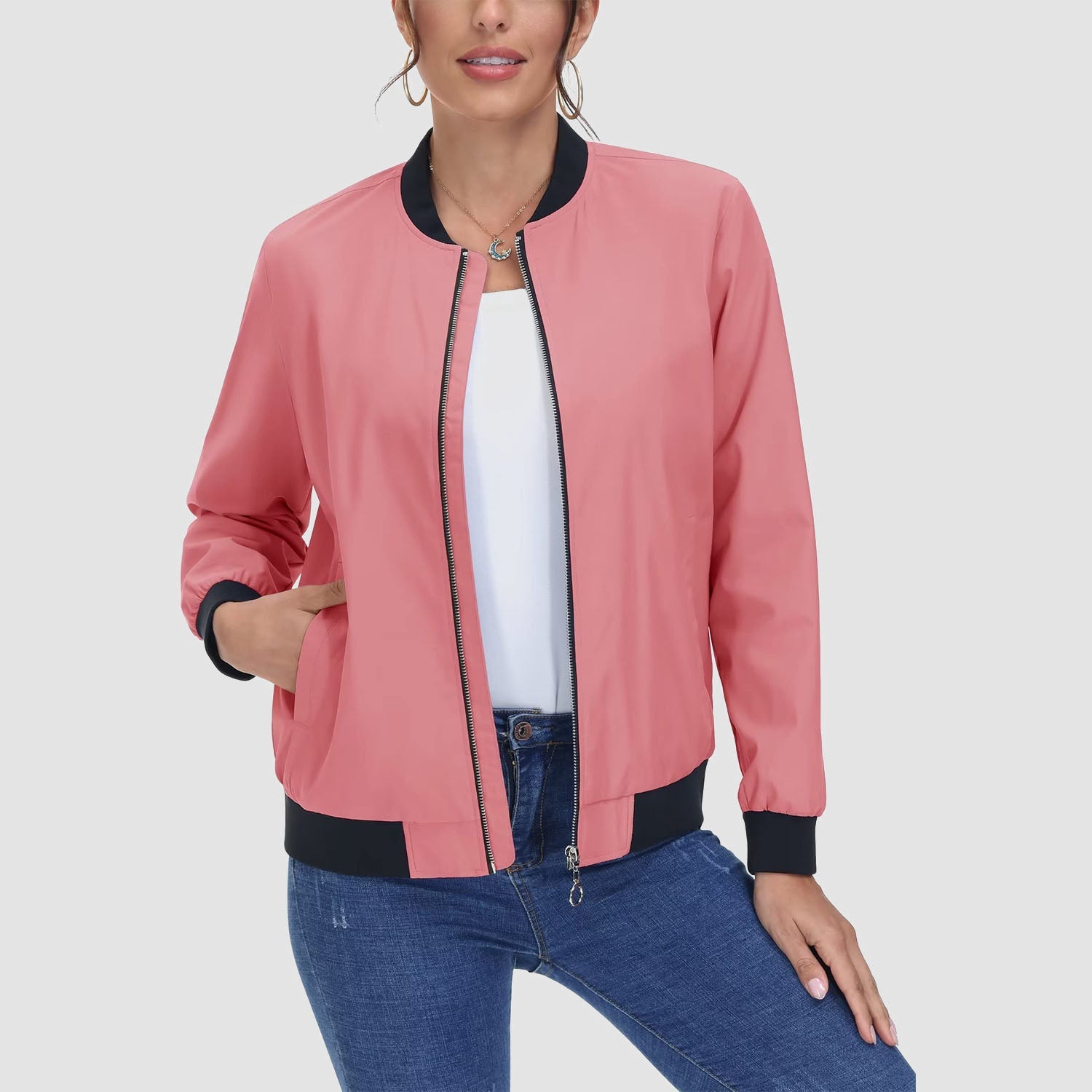 Women's Lightweight Bomber Jacket - Zip Front & Casual