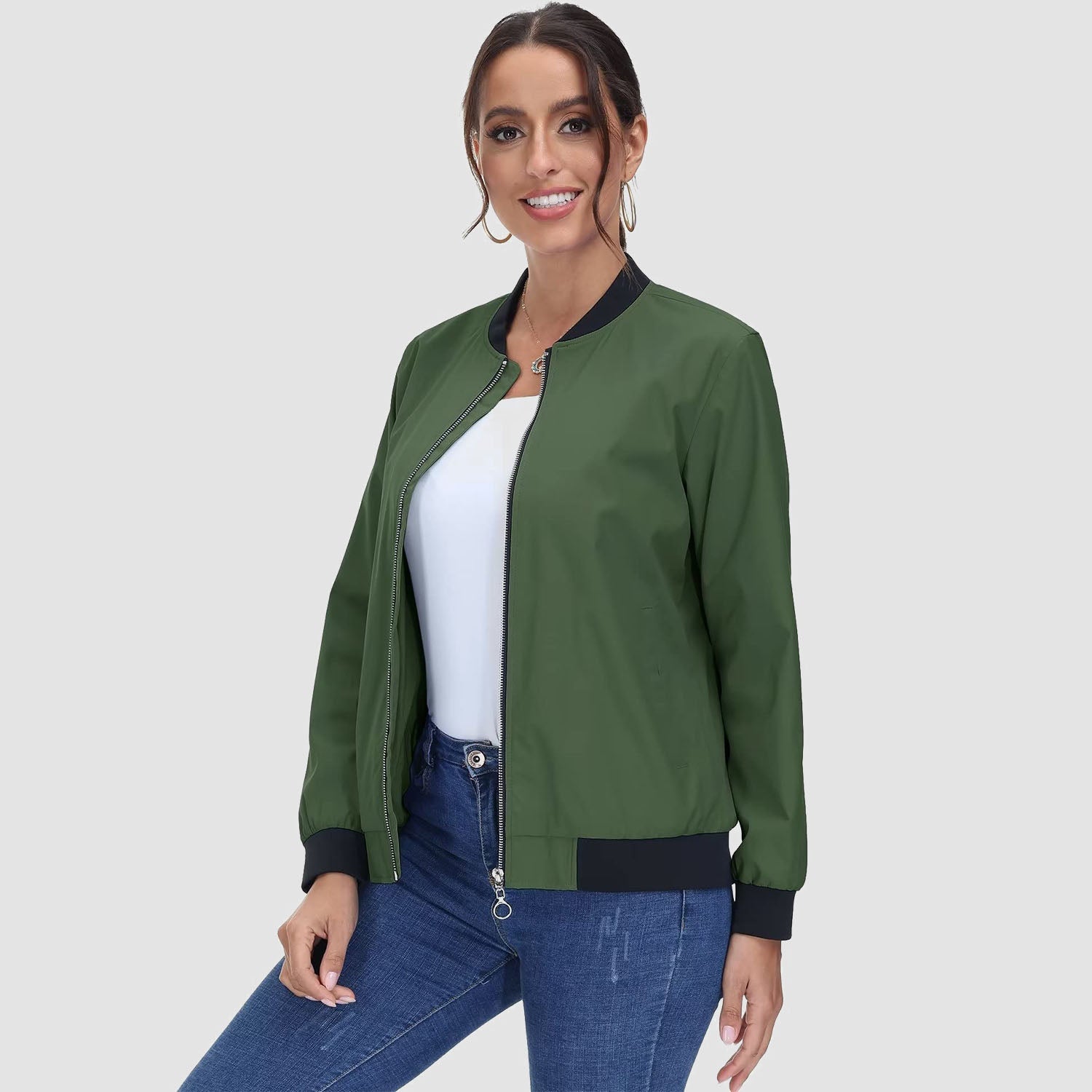 Women's Lightweight Bomber Jacket - Zip Front & Casual