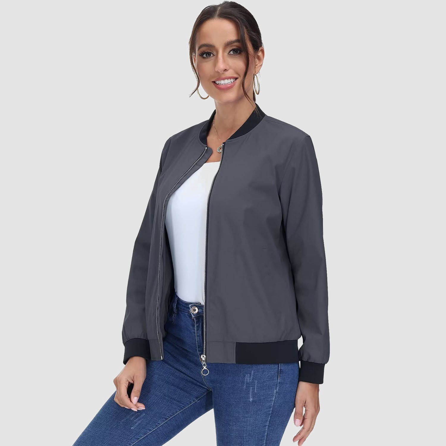 Women's Lightweight Bomber Jacket - Zip Front & Casual