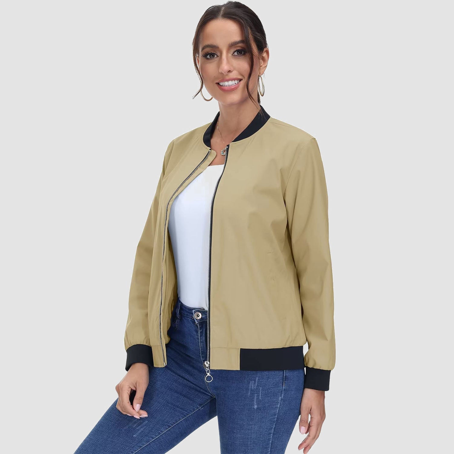 Women's Lightweight Bomber Jacket - Zip Front & Casual
