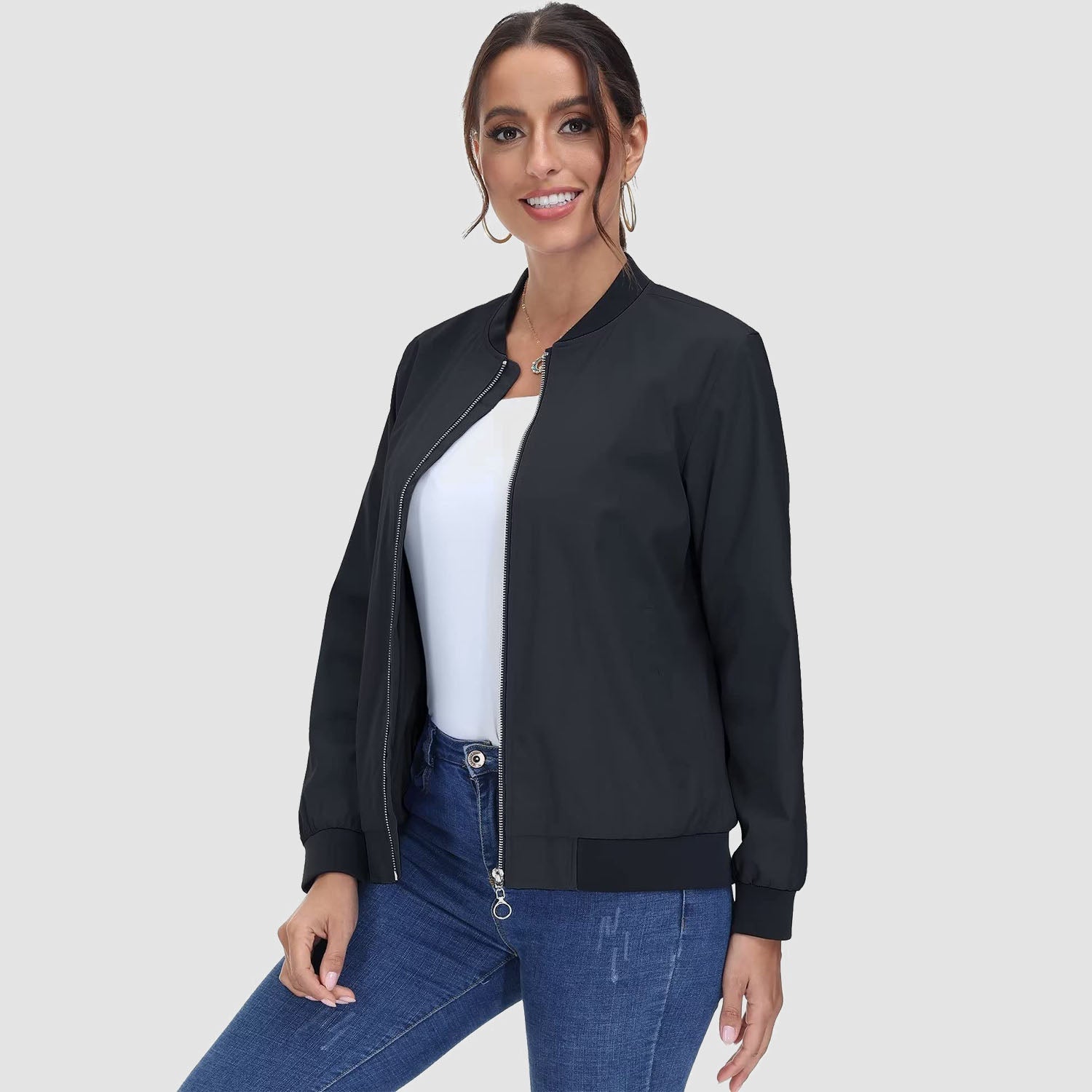 Women's Lightweight Bomber Jacket - Zip Front & Casual