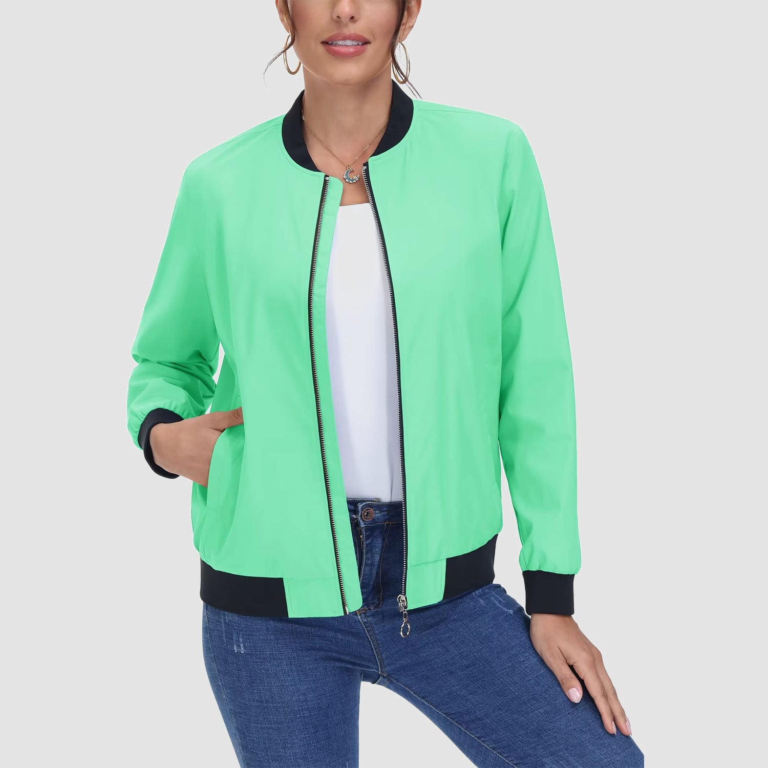 Women's Lightweight Bomber Jacket - Zip Front & Casual