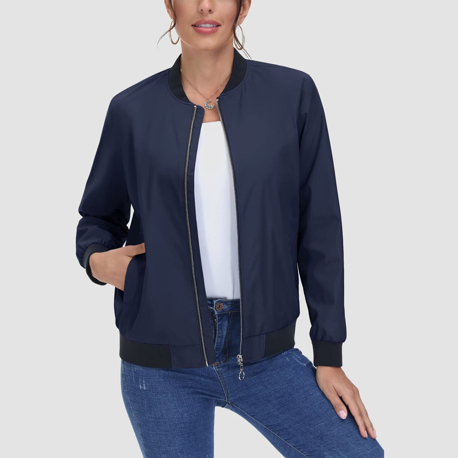 Women's Lightweight Bomber Jacket - Zip Front & Casual