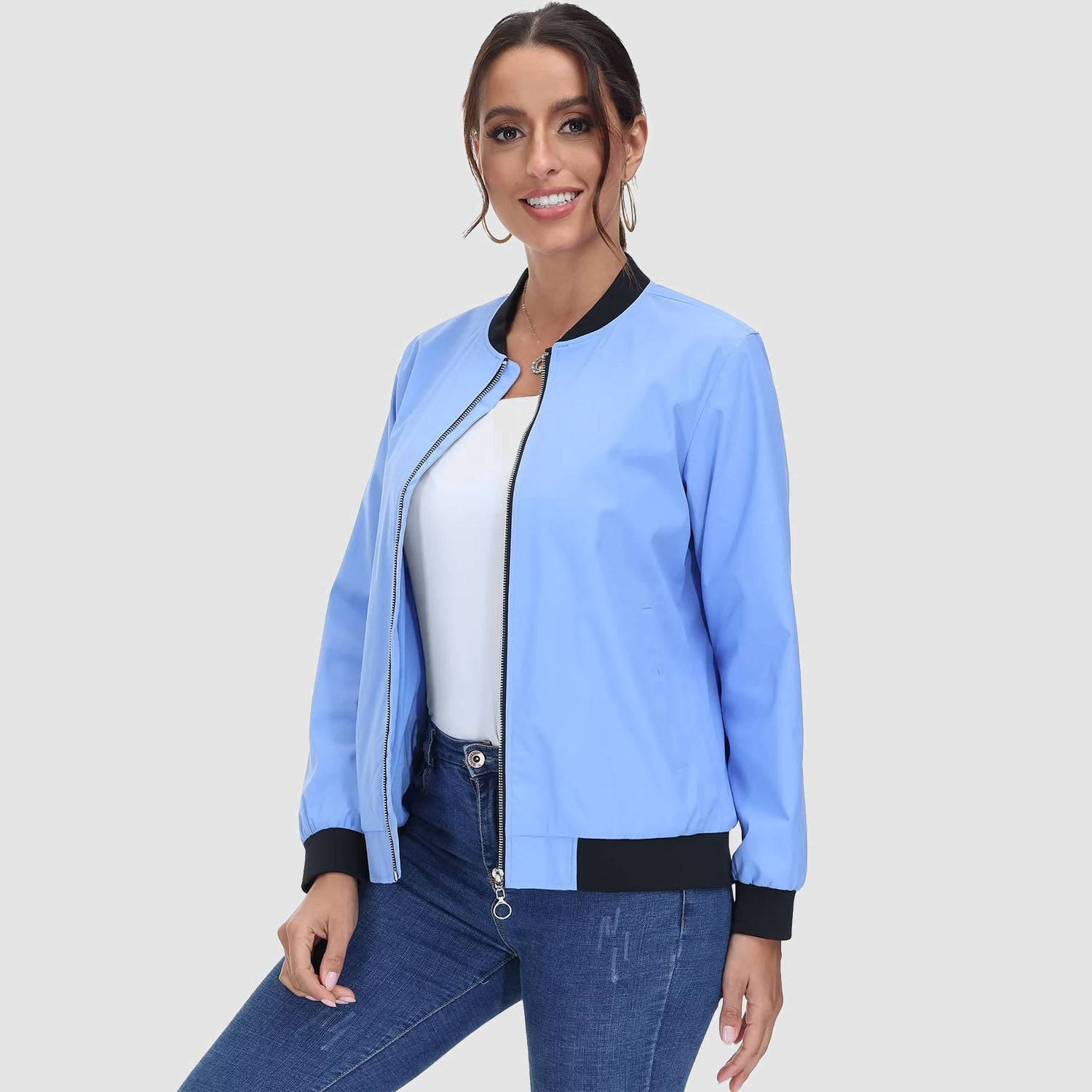 Women's Lightweight Bomber Jacket - Zip Front & Casual