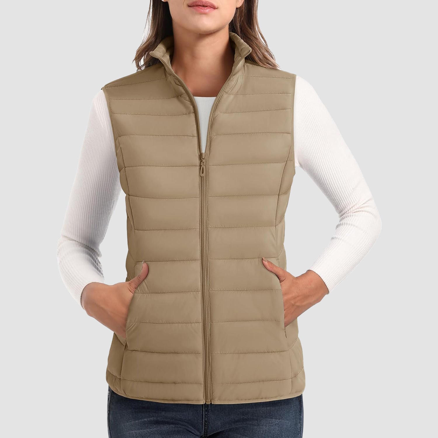 Women's Lightweight Puffer Vest with 4 Pockets & Stand Collar