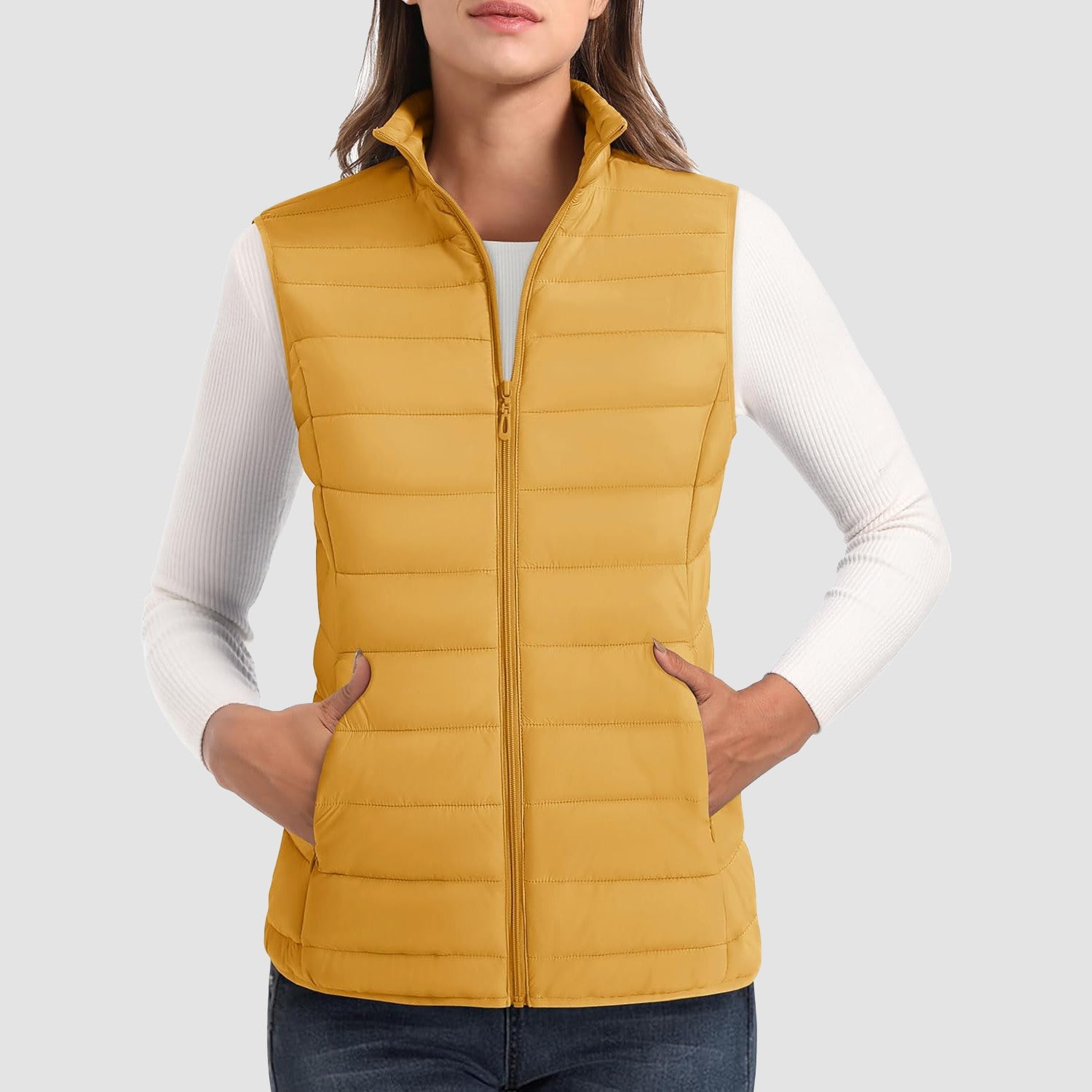 Women's Lightweight Puffer Vest with 4 Pockets & Stand Collar
