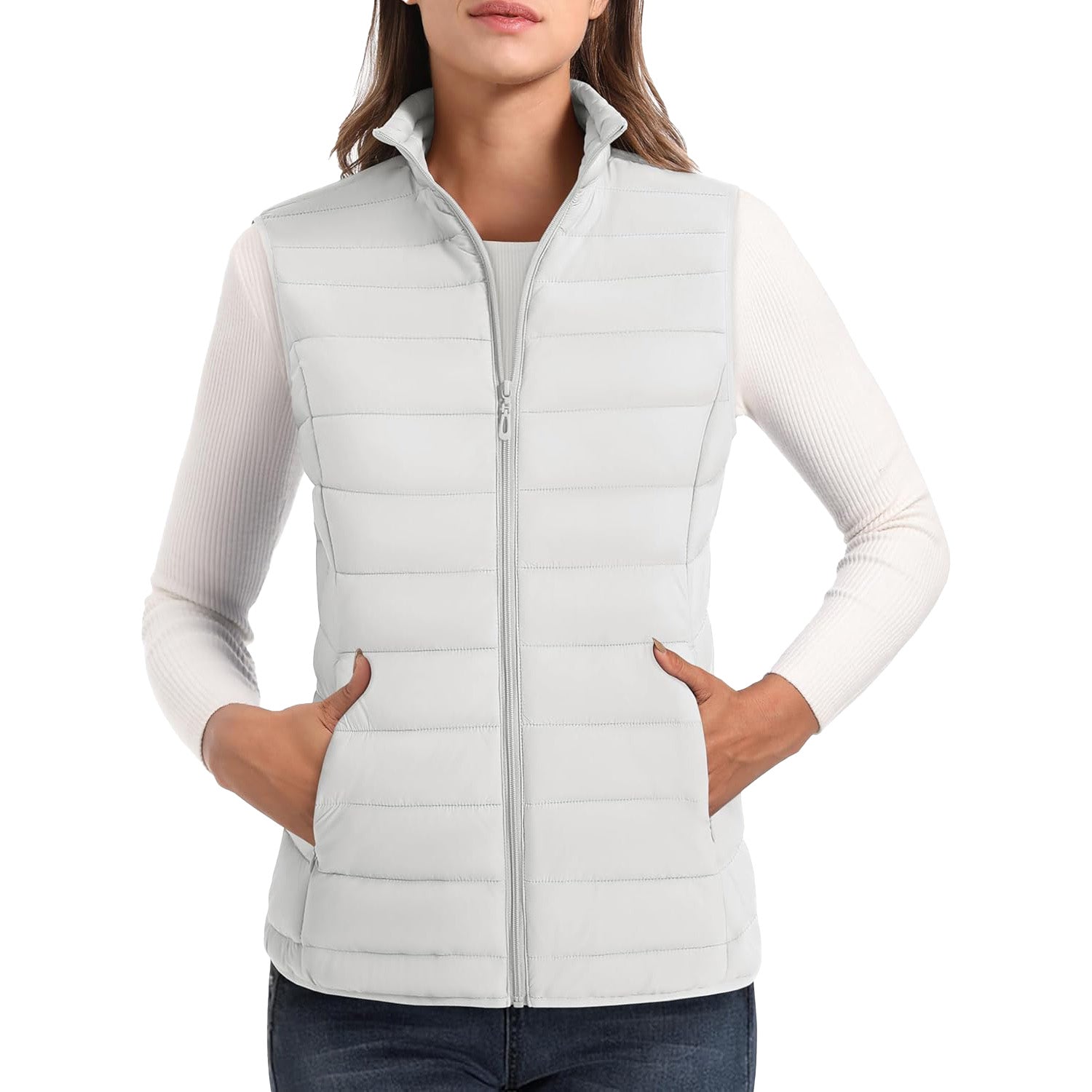 Women's Lightweight Puffer Vest with 4 Pockets & Stand Collar